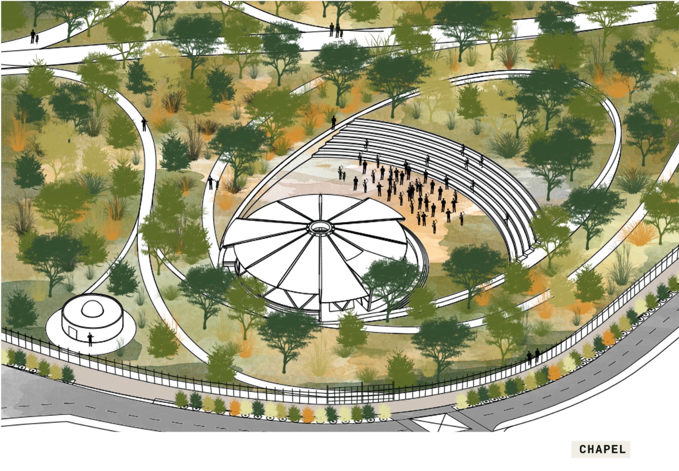 The chapel sits within a dense landscape, surrounded by curved paths and stepped gathering spaces.
