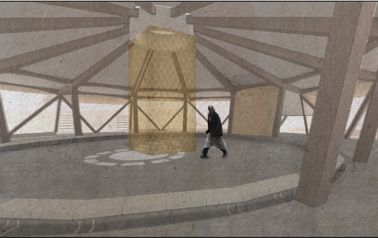 The chapel interior uses timber structure, filtered light, and a central sacred volume to express spiritual focus.
