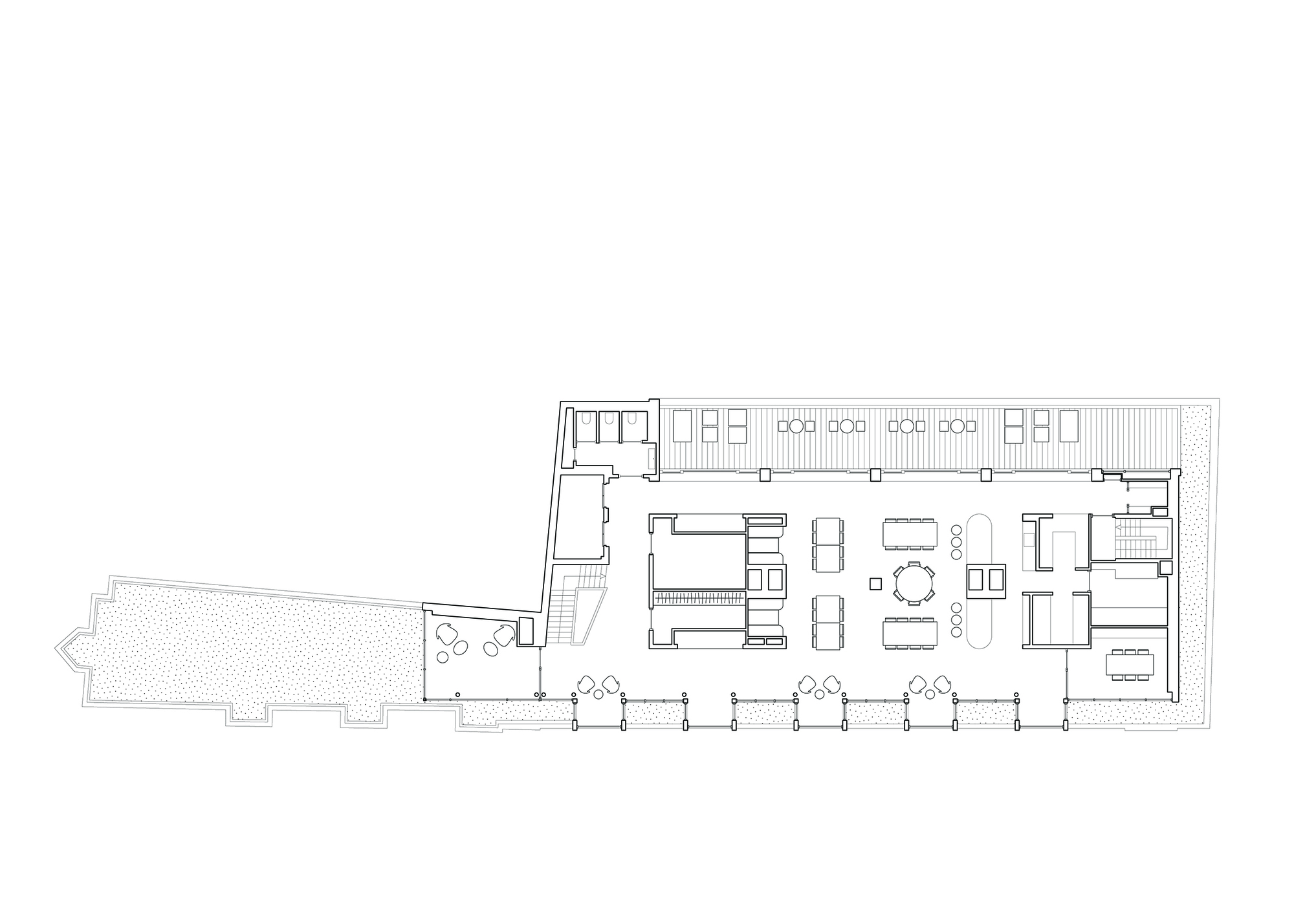 Floor plan drawing showing residential spaces with kitchen, dining and terrace areas