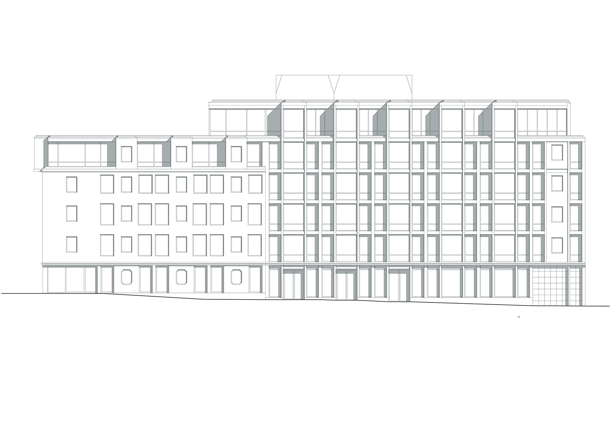 Elevation drawing showing a multi-story building with a grid facade and a lower masonry wing