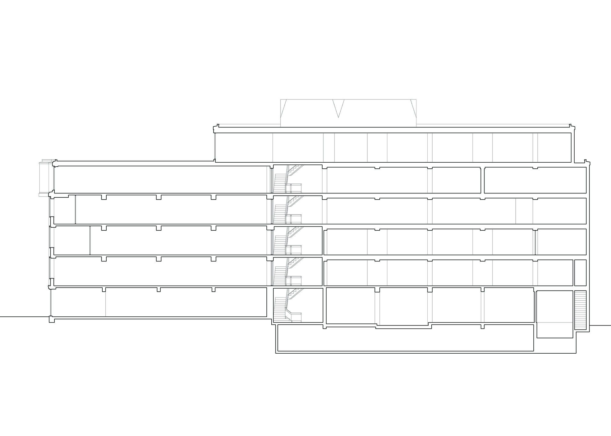 Section drawing revealing five levels with a central stairwell and repetitive structural bays