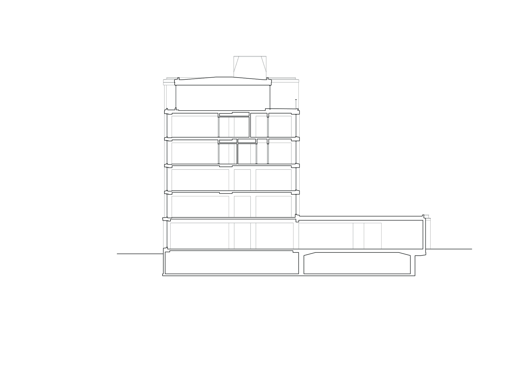Section drawing through a tower volume with a central glazed core and horizontal floor plates