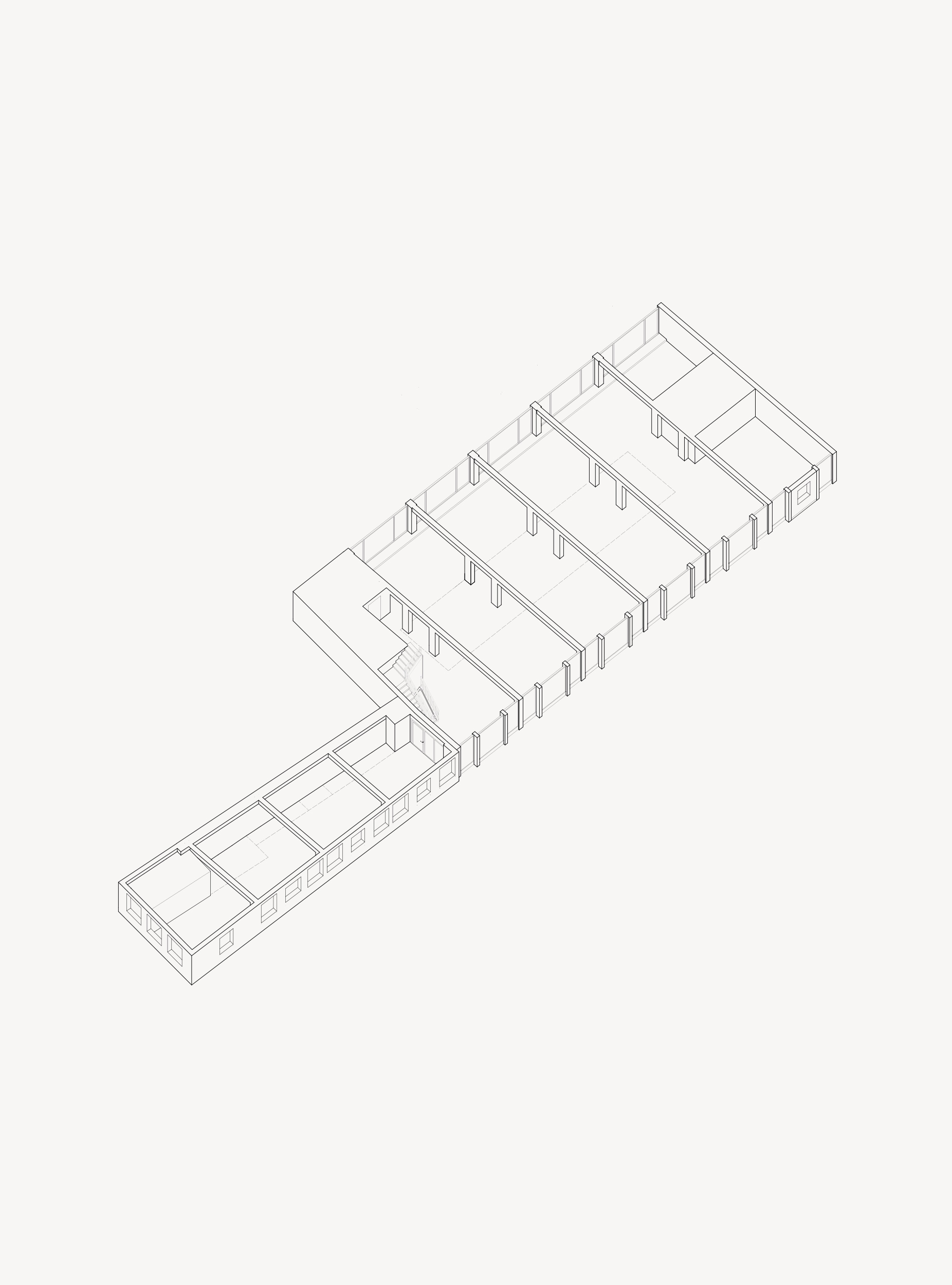 Axonometric drawing displaying four parallel volumes with sawtooth window openings along their length
