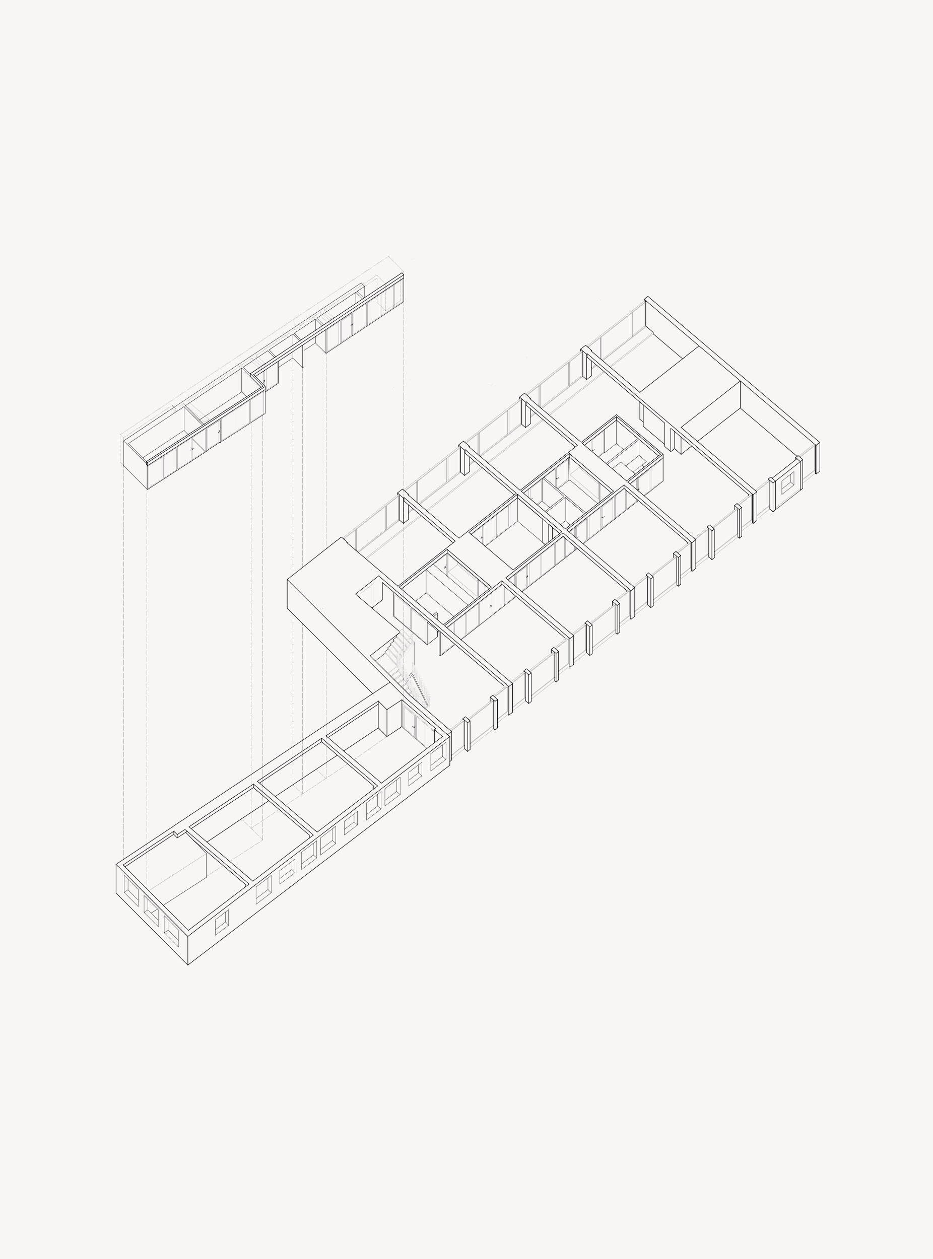 Axonometric drawing with interior partitions revealing the room layout within the parallel volumes