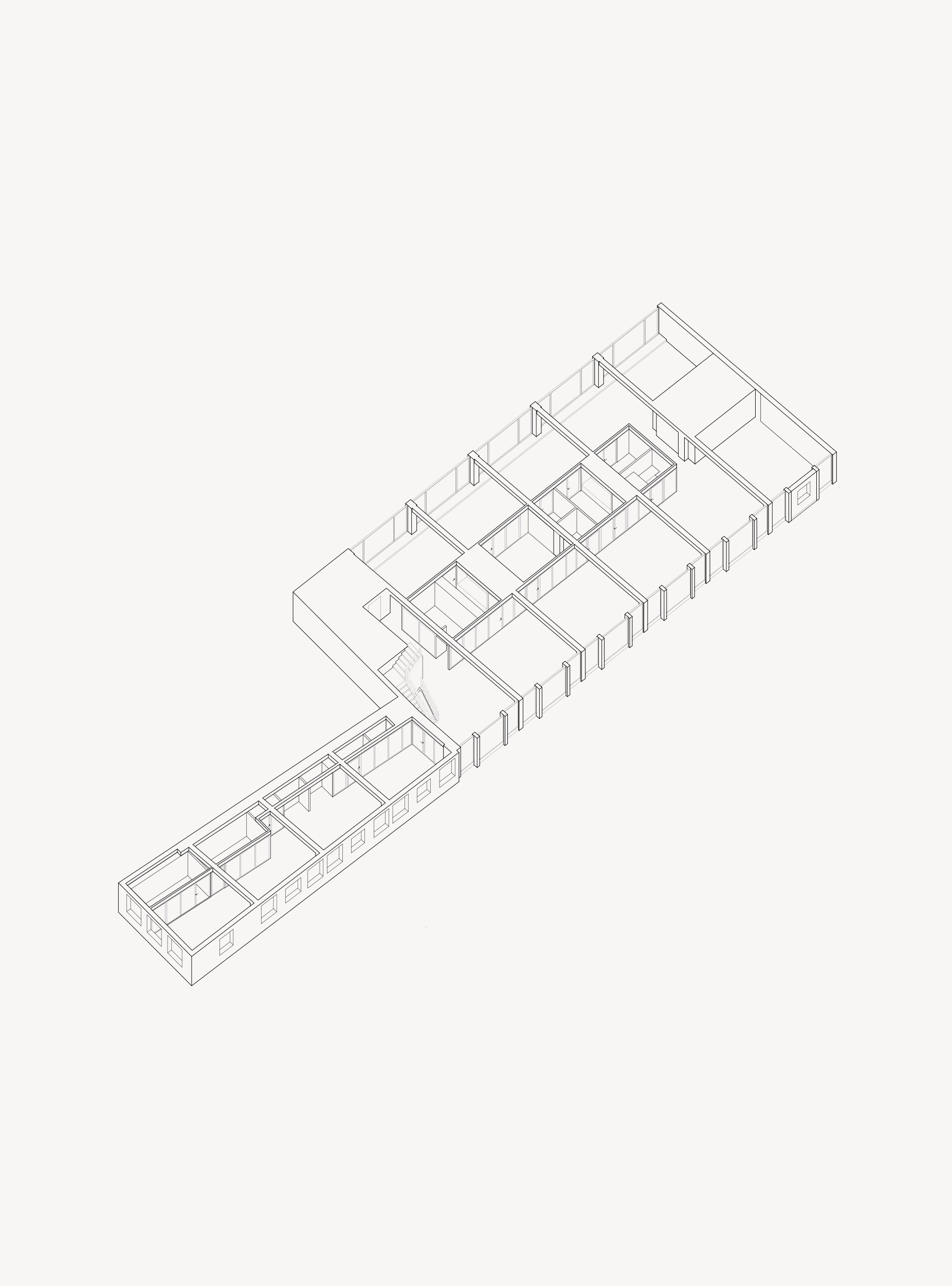 Axonometric drawing showing a linear building with repetitive room modules and a central circulation spine