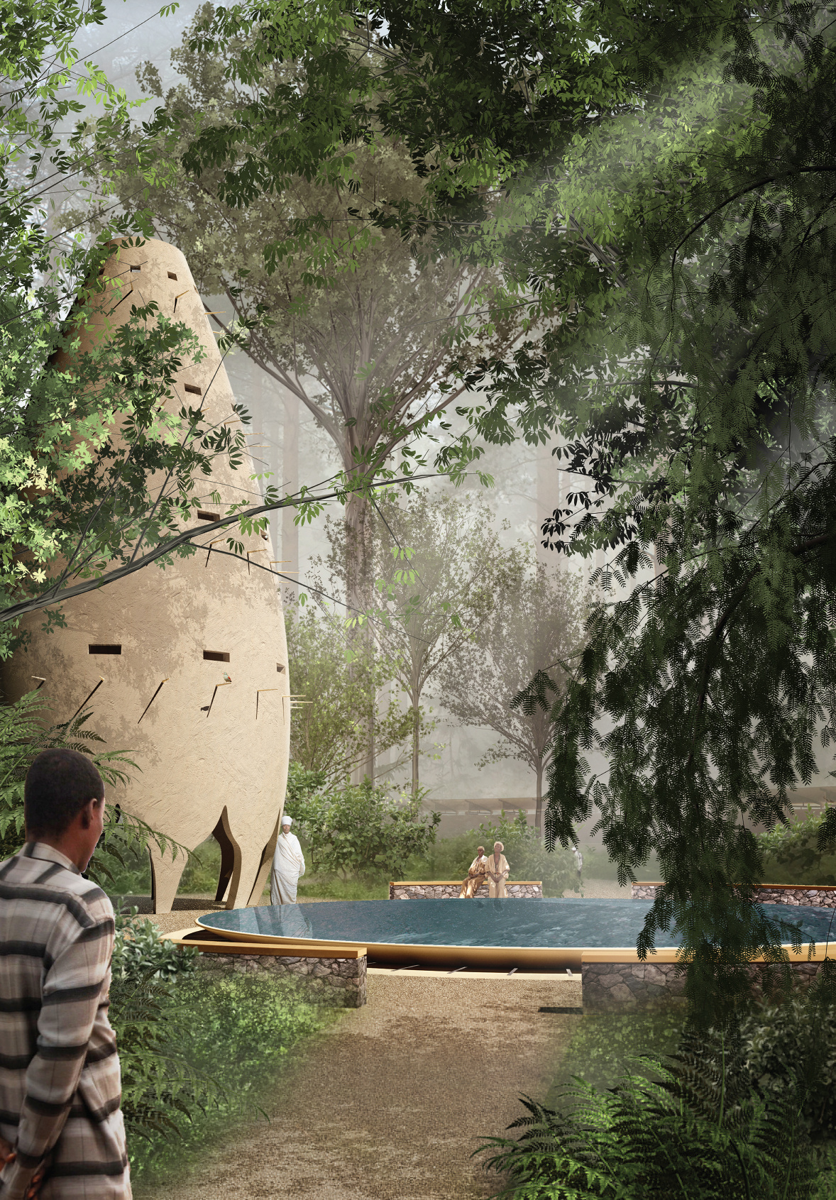 Community-focused sustainable design activates the perimeter with shaded gathering spaces, local commerce, and ecological engagement.