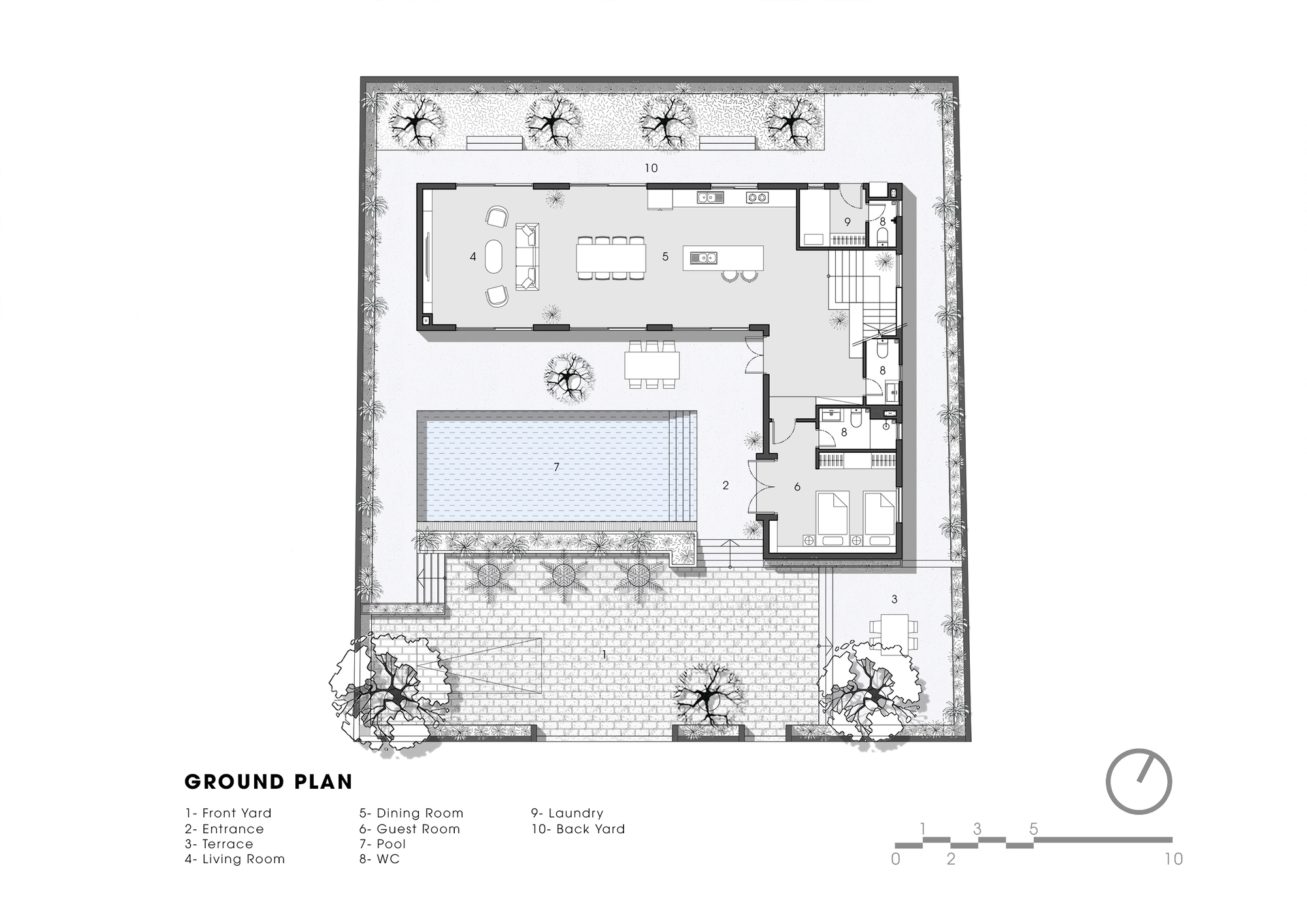 Ground floor plan drawing showing living spaces arranged around a central pool and courtyard