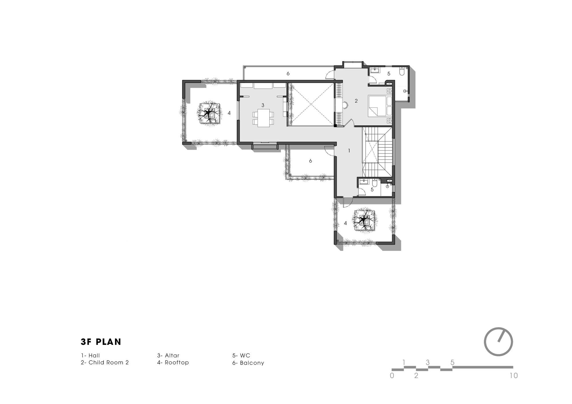 Third floor plan drawing showing upper level rooms and rooftop terrace areas