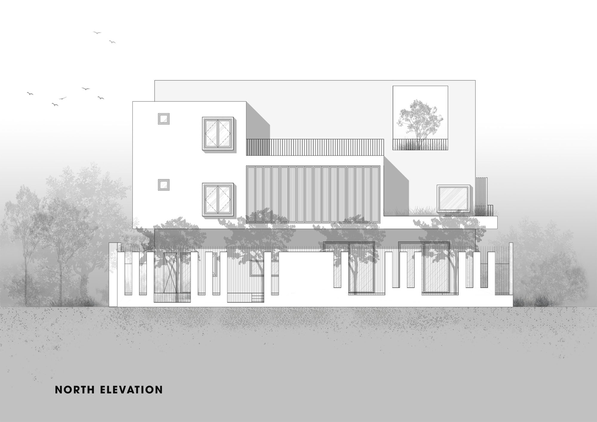 North elevation drawing showing stacked volumes with planted balconies and vertical slat screens in misty surroundings