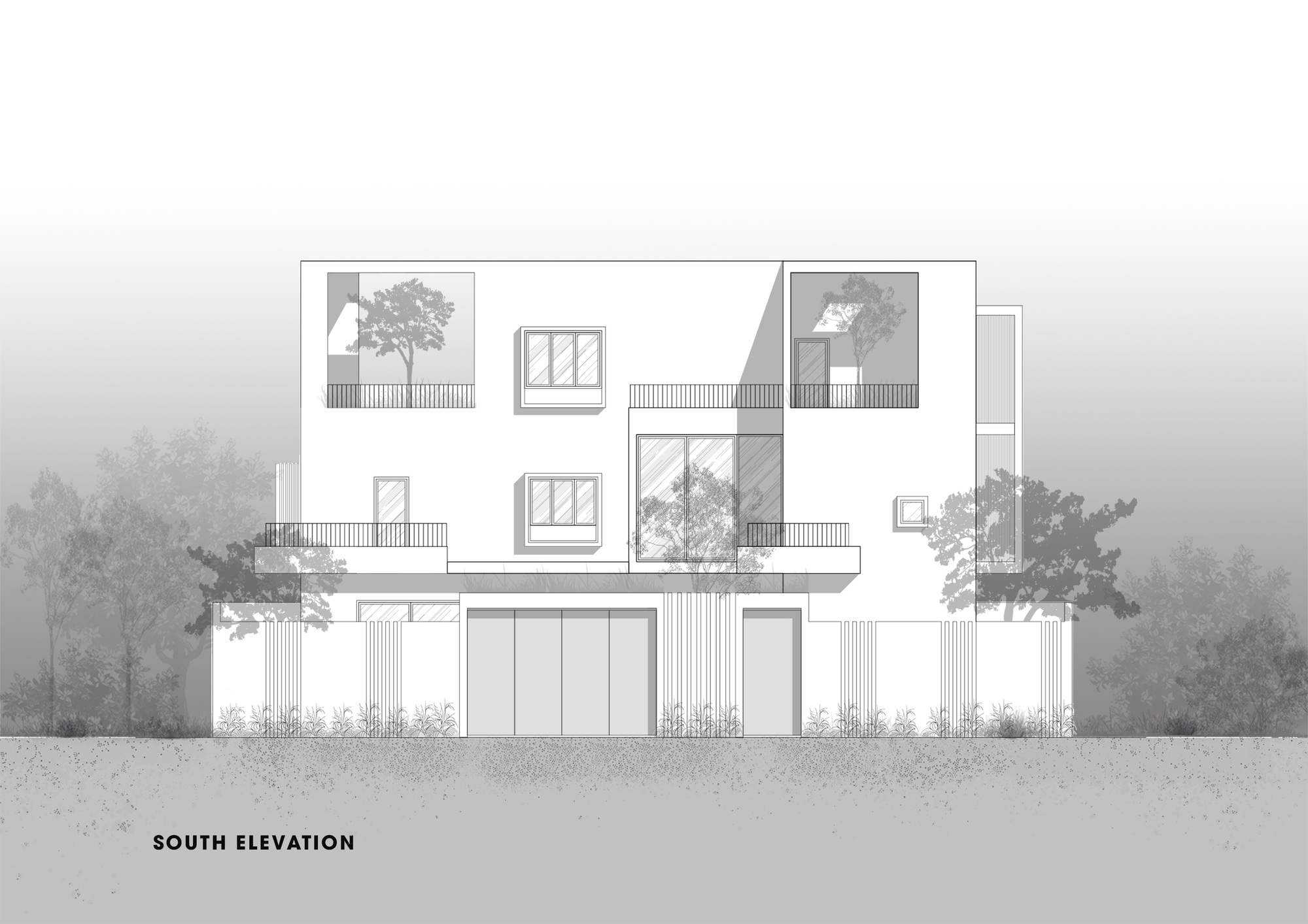South elevation drawing showing cantilevered boxes with planted terraces and vertical column elements at ground level