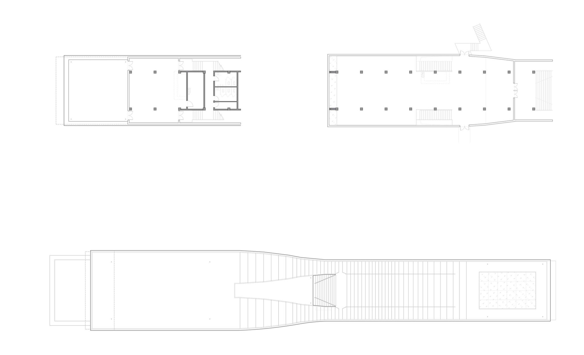 Floor plans and roof plan showing a narrow rectangular volume with interior partitions and outdoor terrace