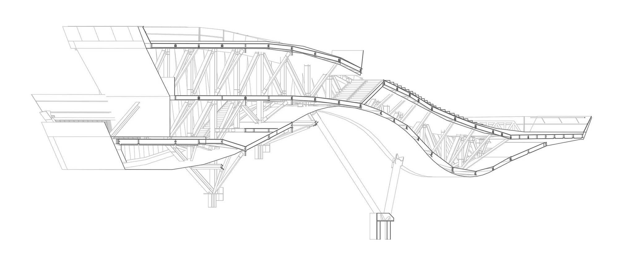Section drawing revealing the curved roof structure supported by triangulated trusses and vertical columns
