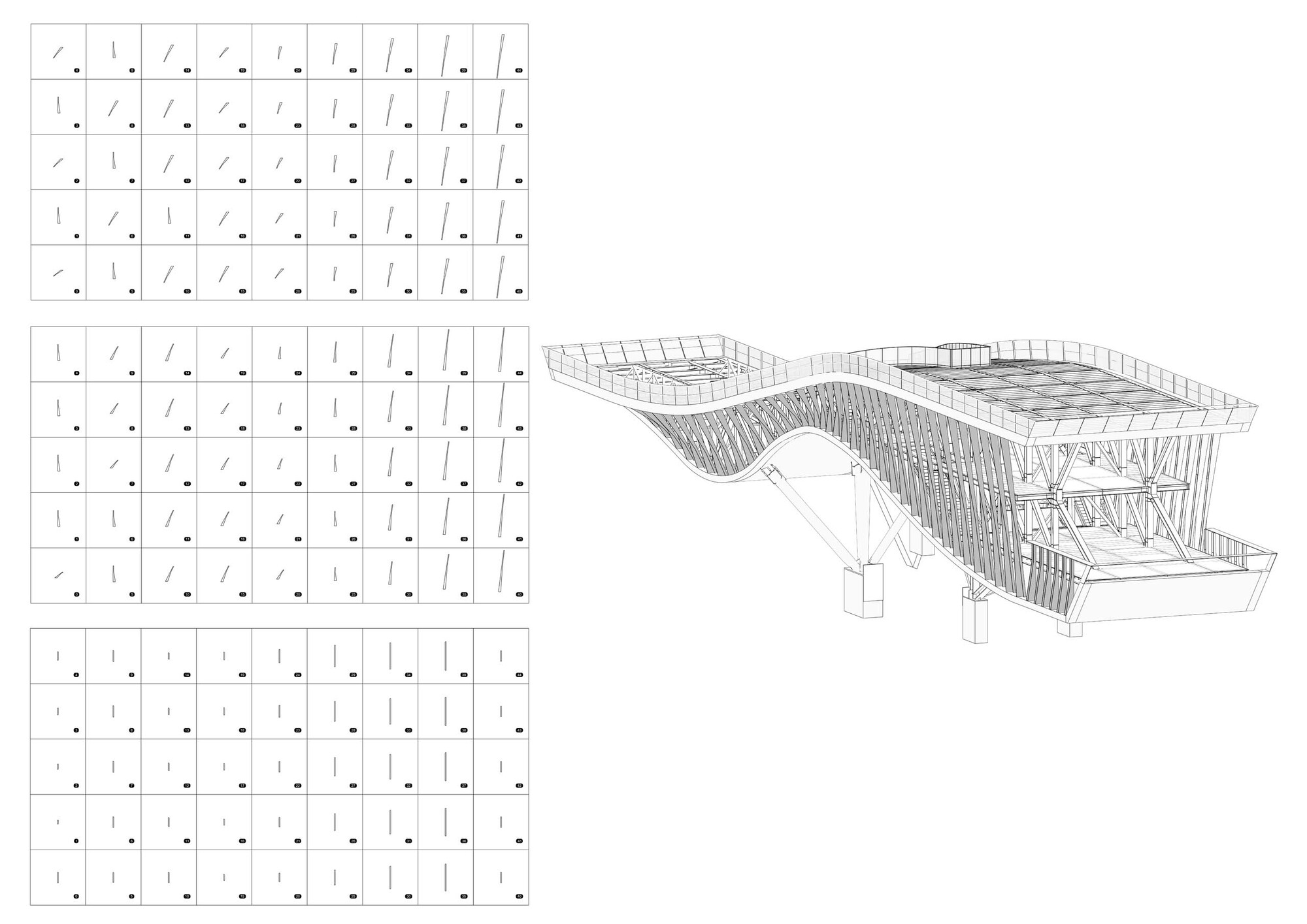 Structural diagrams and axonometric view illustrating the roof truss geometry and column grid configuration