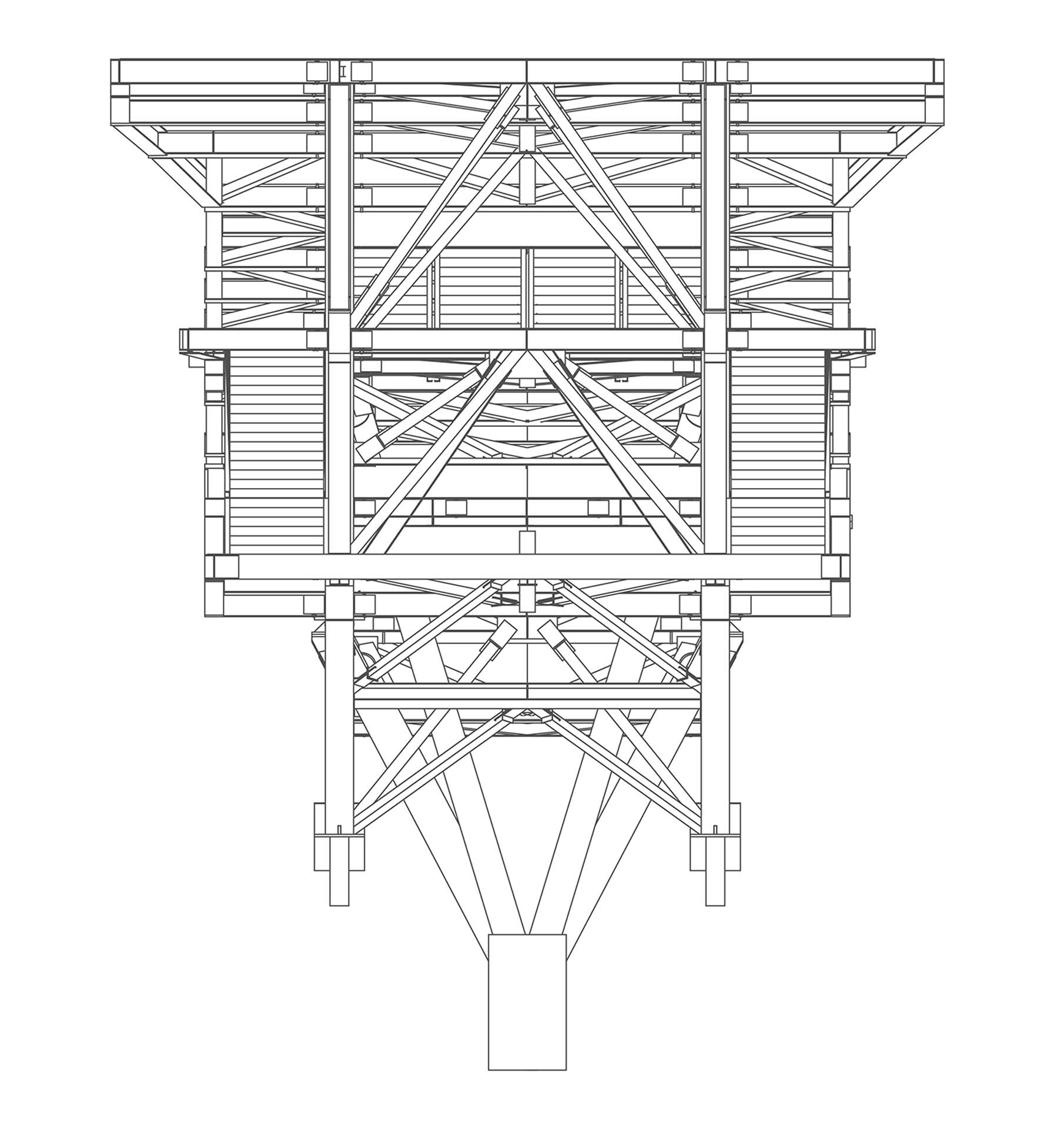 Section drawing showing triangular timber truss system supporting cantilevered floor plates above a central column