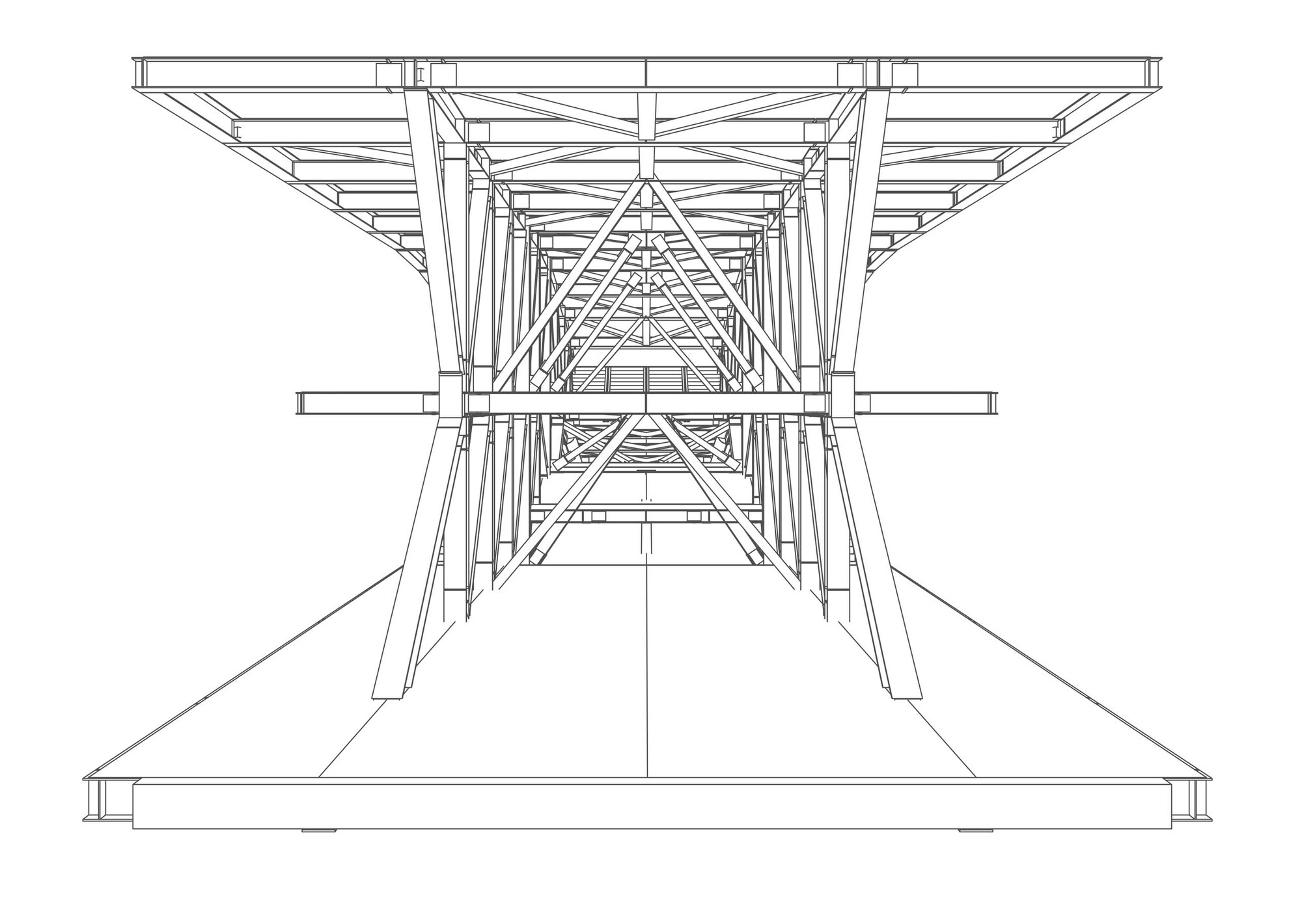 Section drawing showing diagonal bracing and truss structure spanning between cantilevered platforms on either side