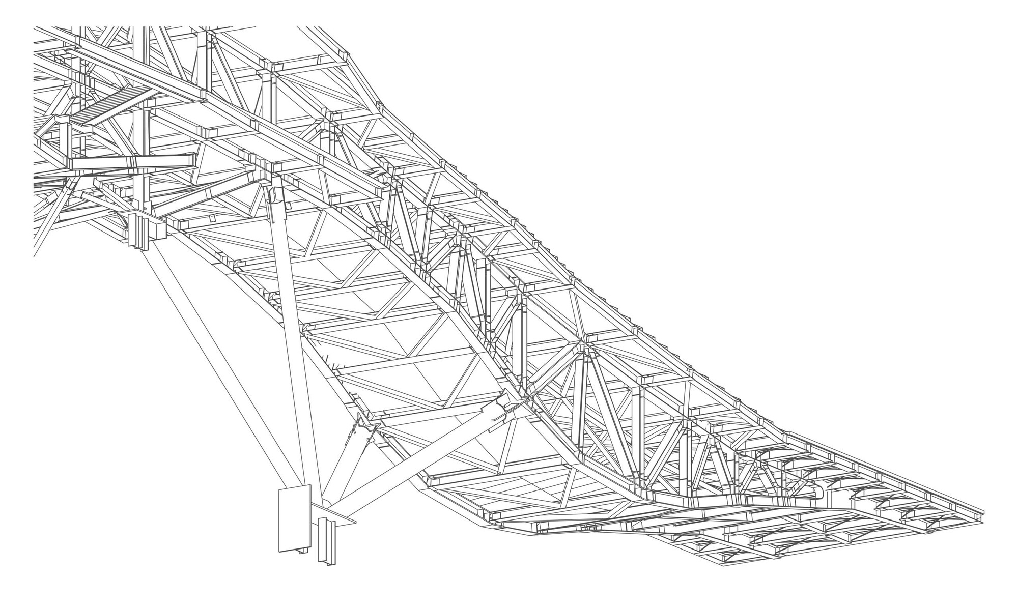 Axonometric drawing showing underside of triangulated truss system with diagonal bracing spanning between support points