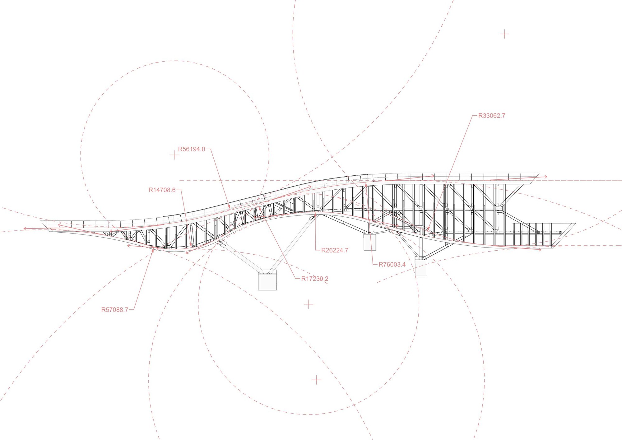 Elevation drawing with dimension annotations showing the curved profile of the roof truss supported on columns