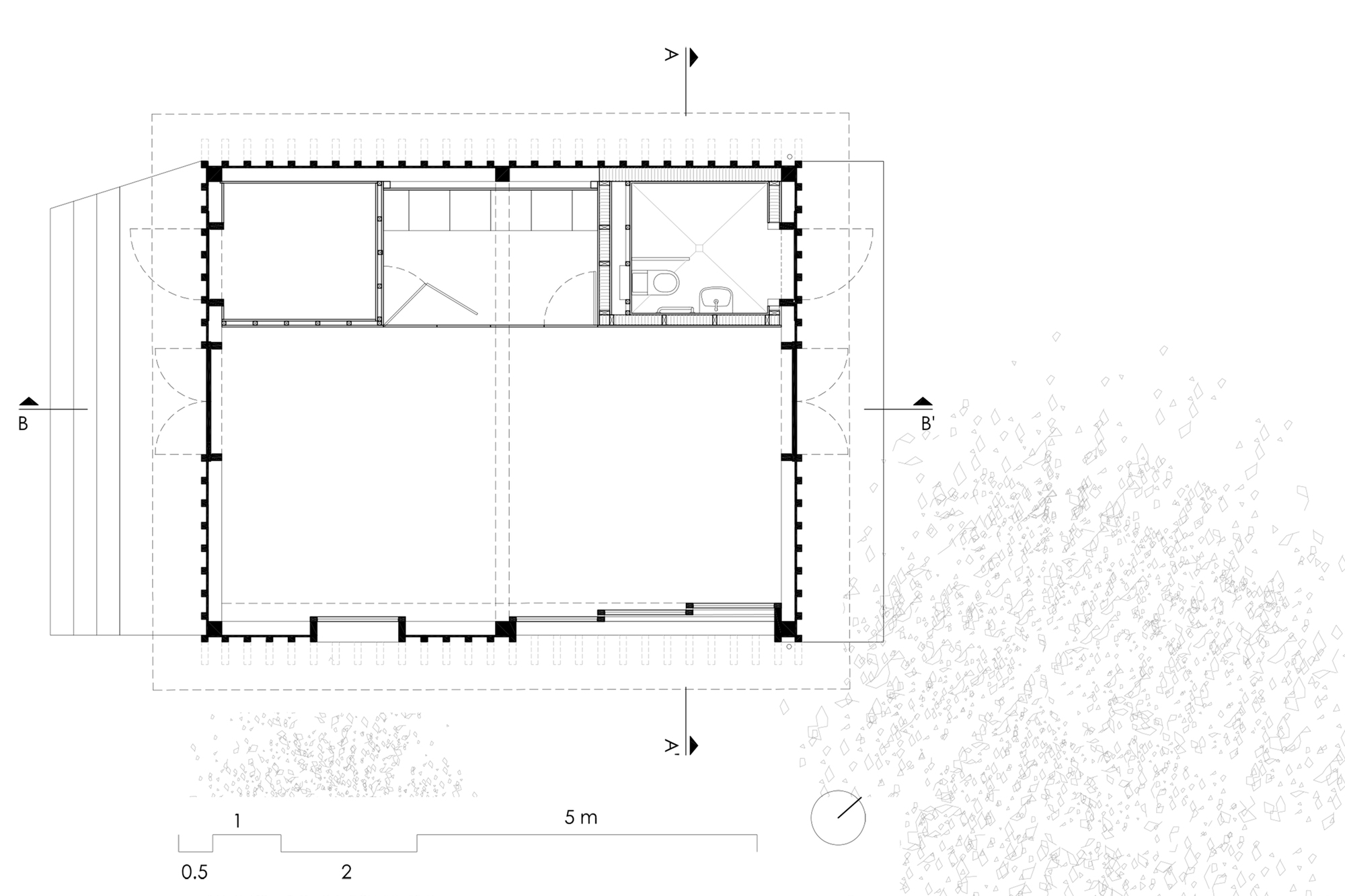 Floor plan drawing showing a rectangular hall with service rooms and storage along one edge