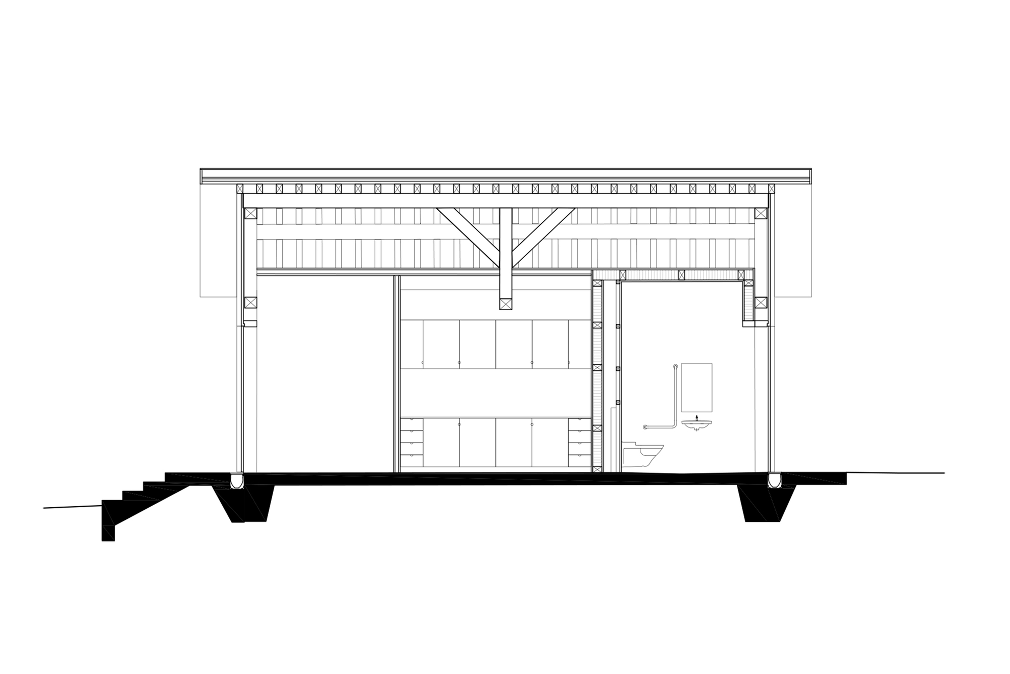 Section drawing revealing the timber roof framing and interior spatial volumes with fixtures