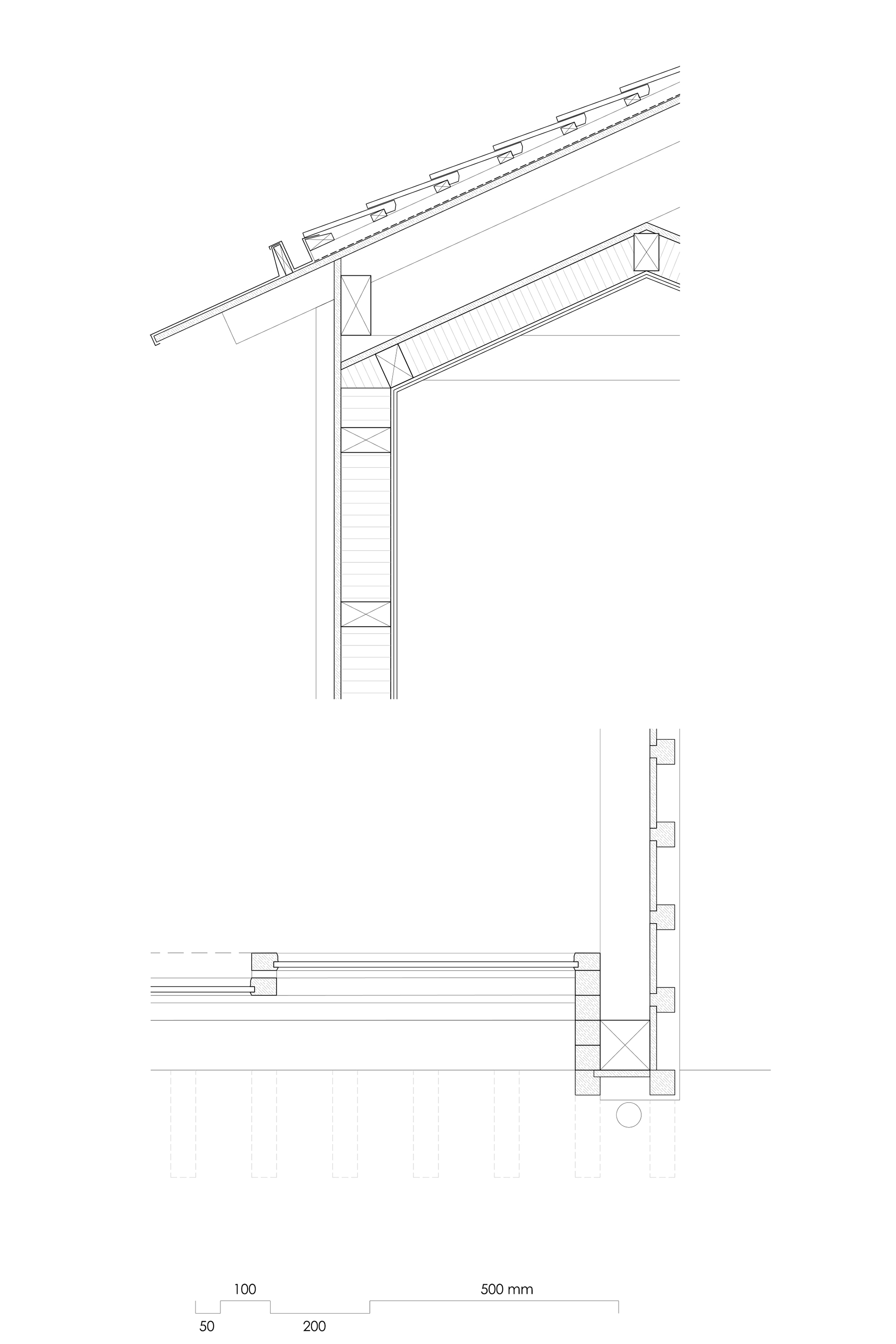 Construction detail drawings showing the roof eave connection and wall assembly with scale dimensions