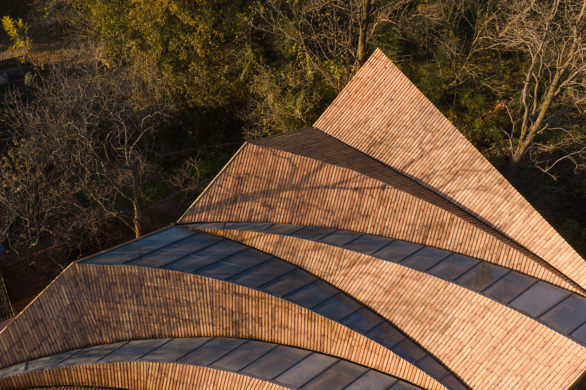 Aerial view of overlapping triangular roof planes clad in ribbed tile and dark metal flashing