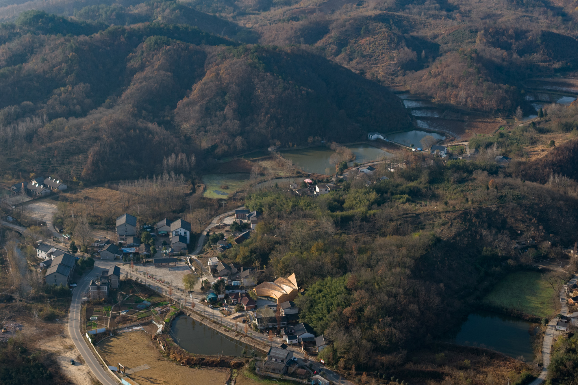Aerial view of a small village with a timber-clad building nestled among trees and ponds