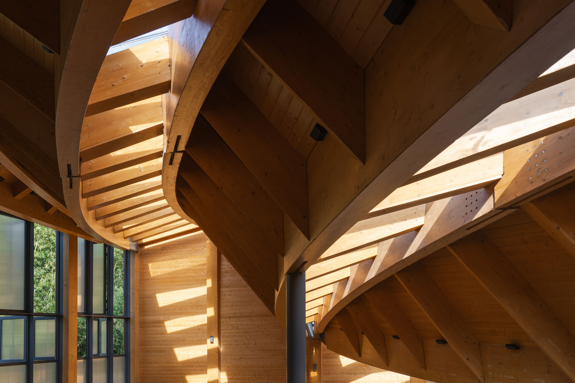 Curved timber ceiling beams casting striped shadows across the interior wall through skylights above