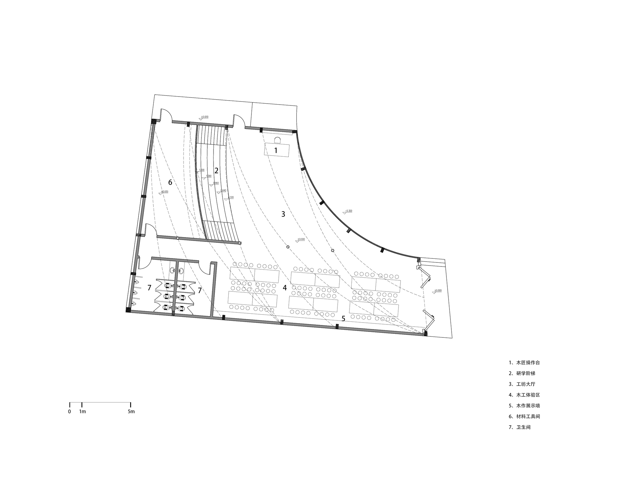 Floor plan drawing showing seating rows within curved interior space and entry sequence at upper left