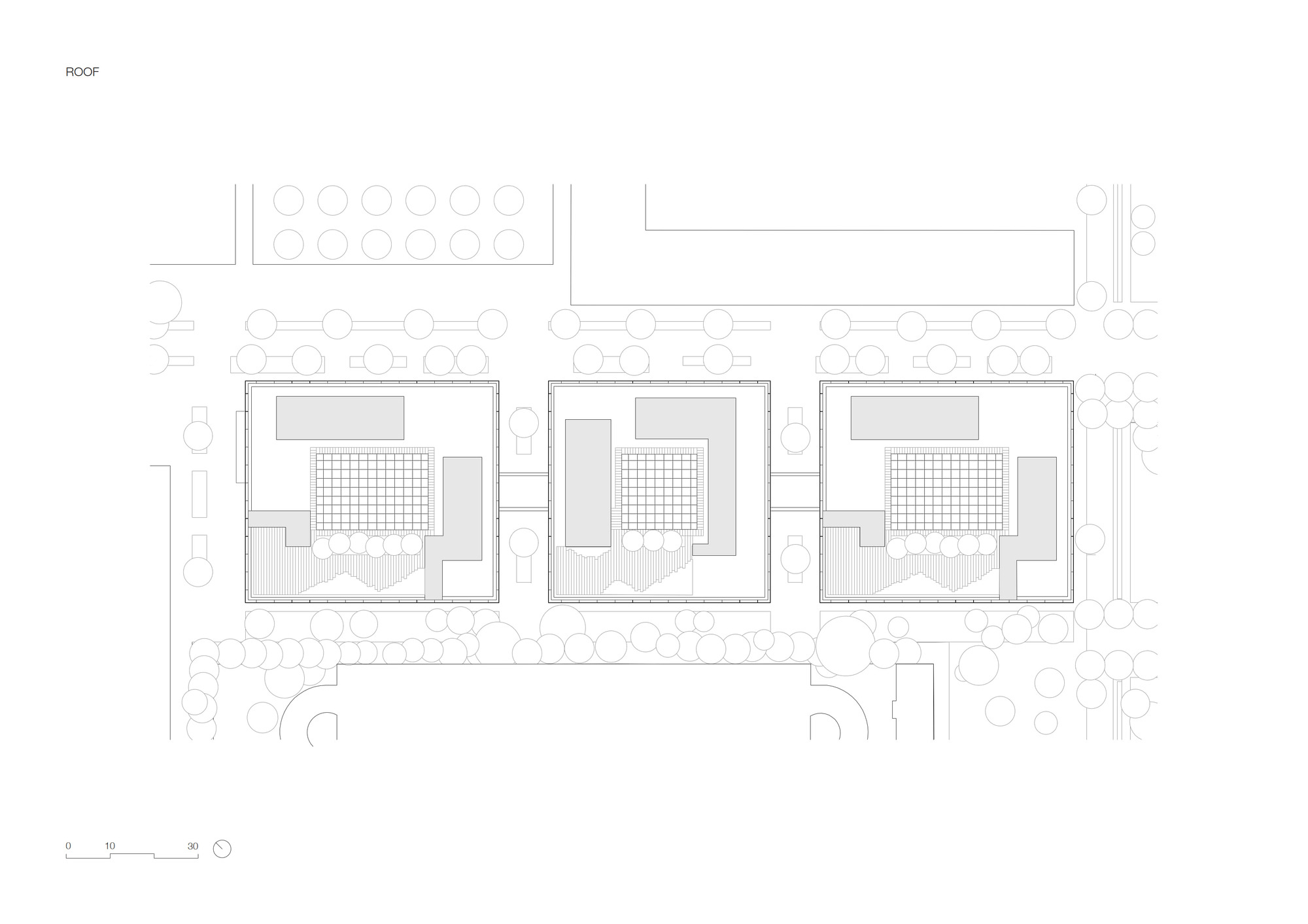 Roof plan drawing showing gridded courtyard areas within the three volumes bordered by circular tree symbols