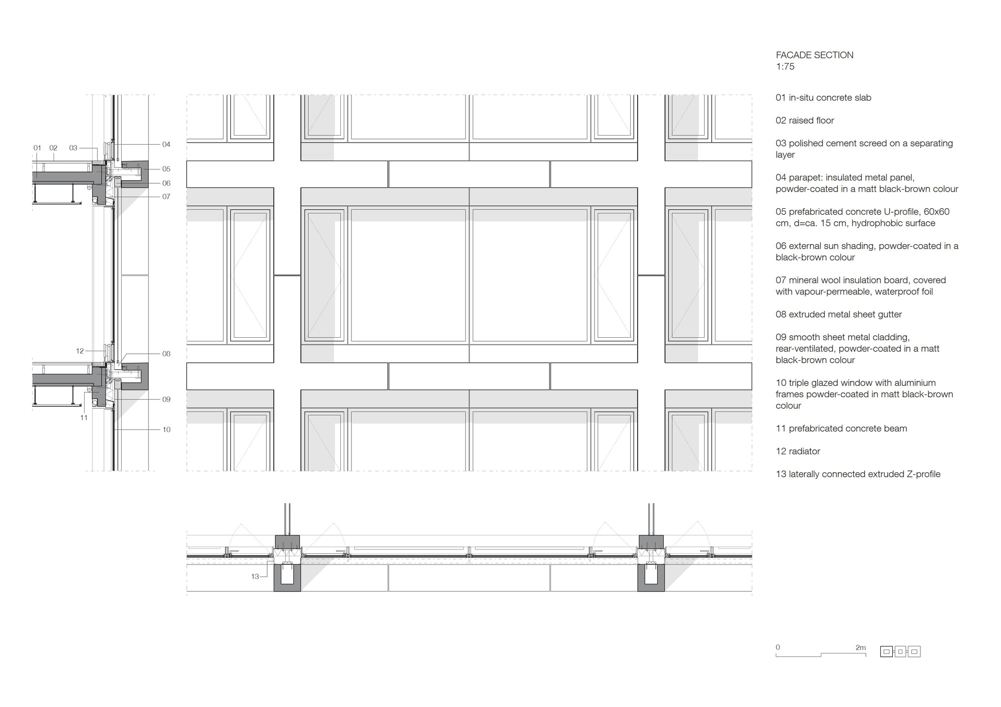 Facade section drawing showing layered wall assembly with insulated metal panels and triple glazed windows