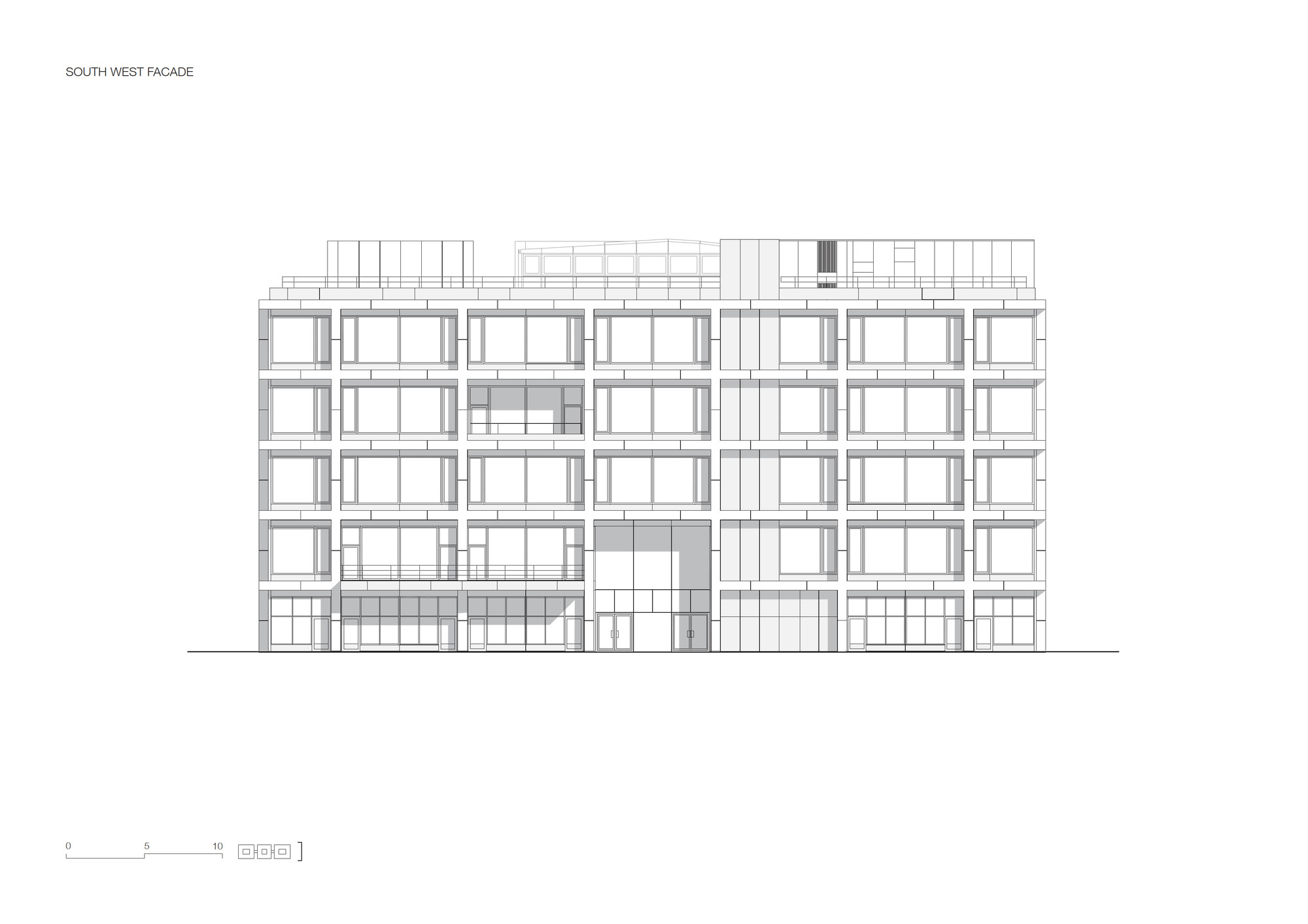 Elevation drawing of a multi-storey facade with gridded fenestration and central recessed entrance bay