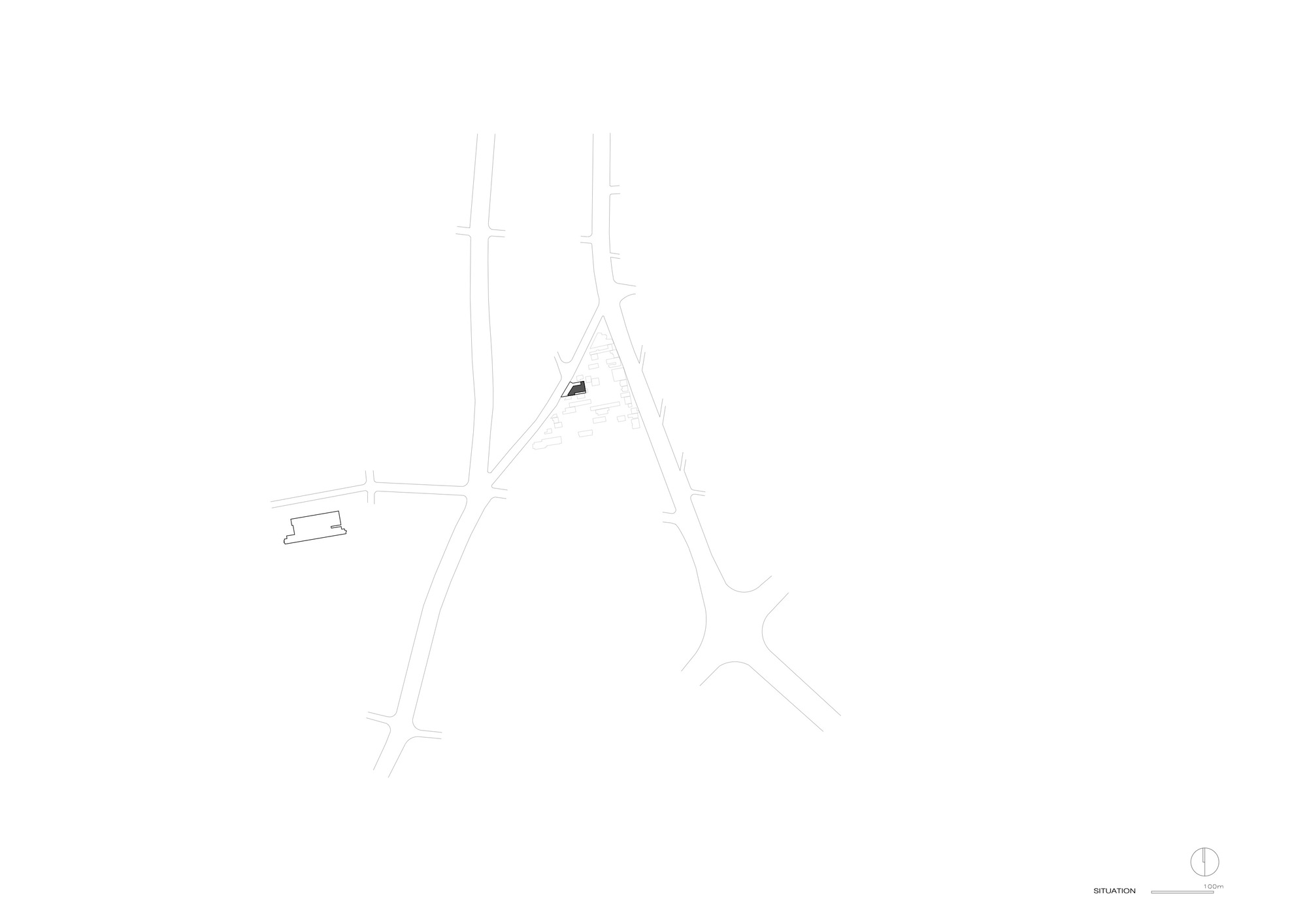 Site plan drawing showing an angular building footprint at an intersection with adjacent streets