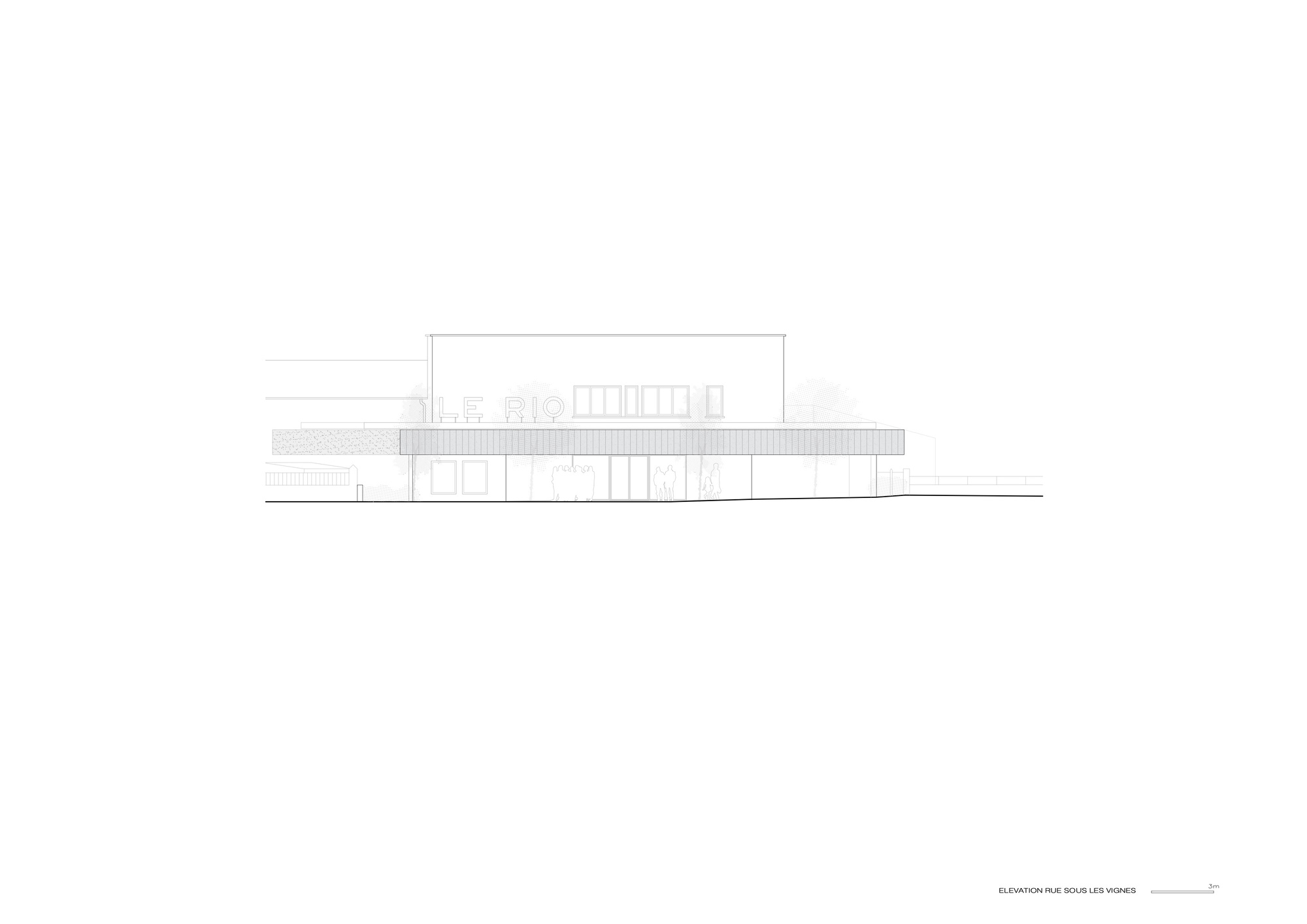 Elevation drawing showing a horizontal two-story volume with vertical window openings and horizontal banding