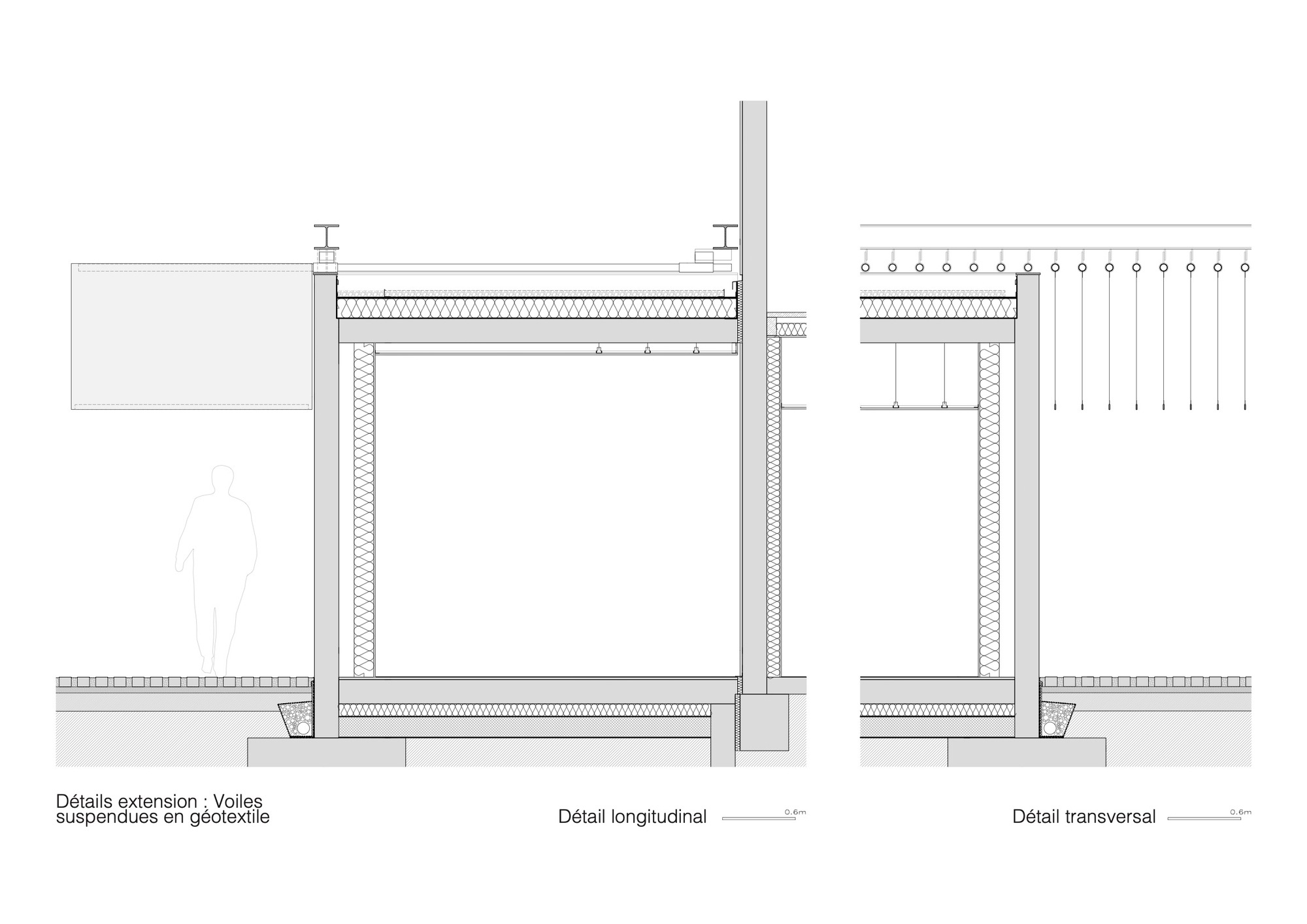 Construction detail drawings showing suspended geotextile canopy with columns and connections in longitudinal and transversal sections