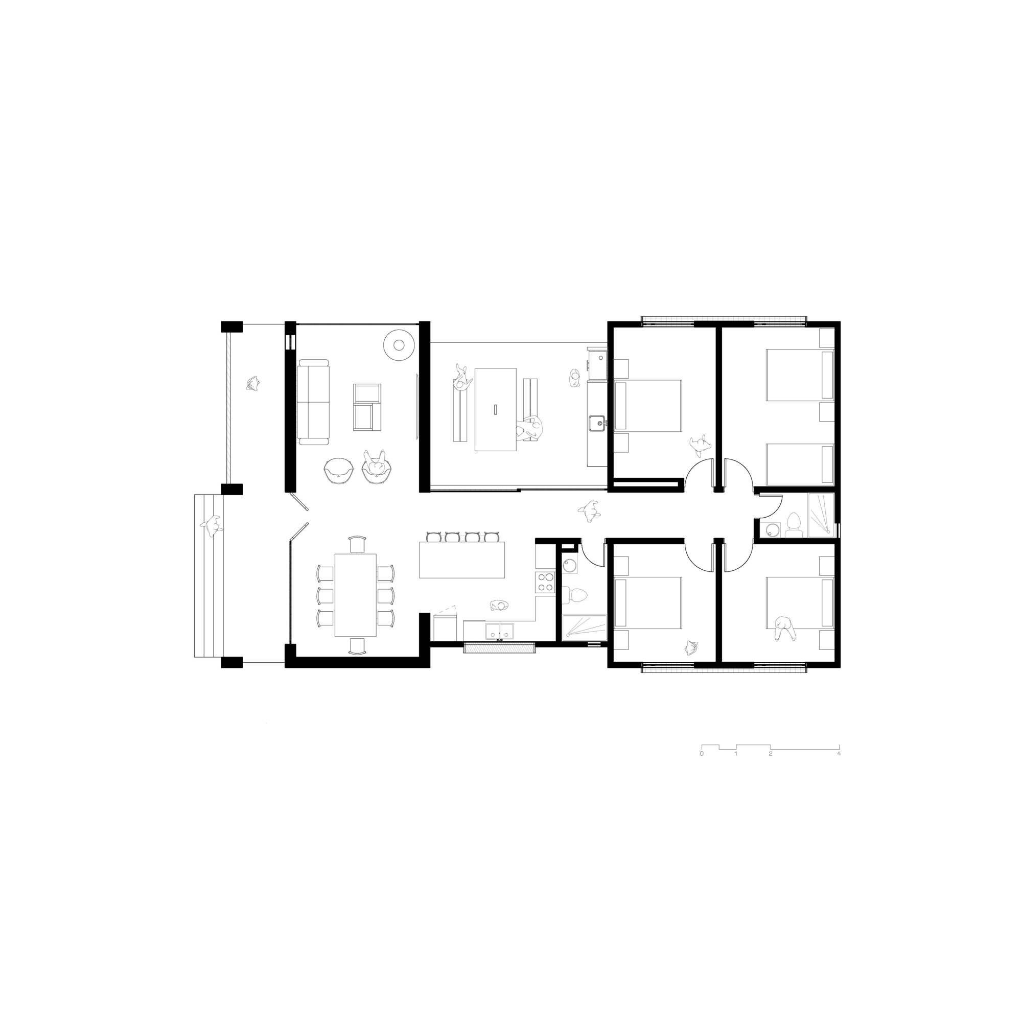 Floor plan drawing showing open living and dining spaces with three bedrooms and two bathrooms