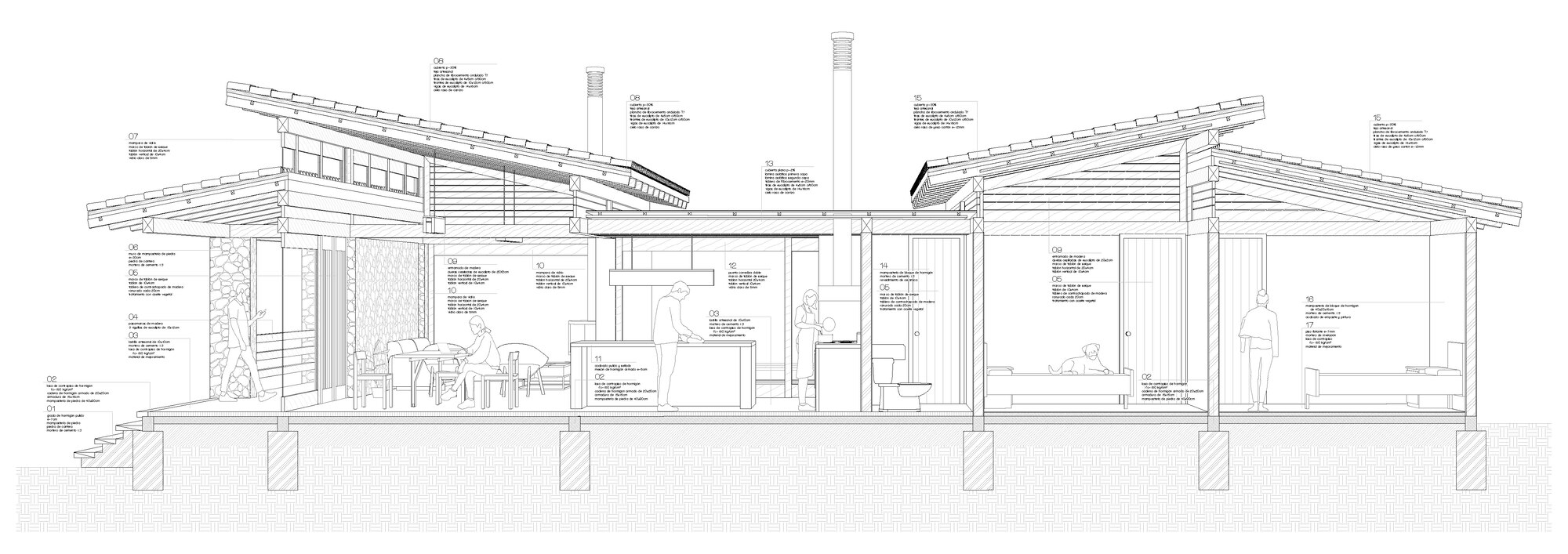 Longitudinal section drawing with material annotations showing sloped roofs and interior room divisions
