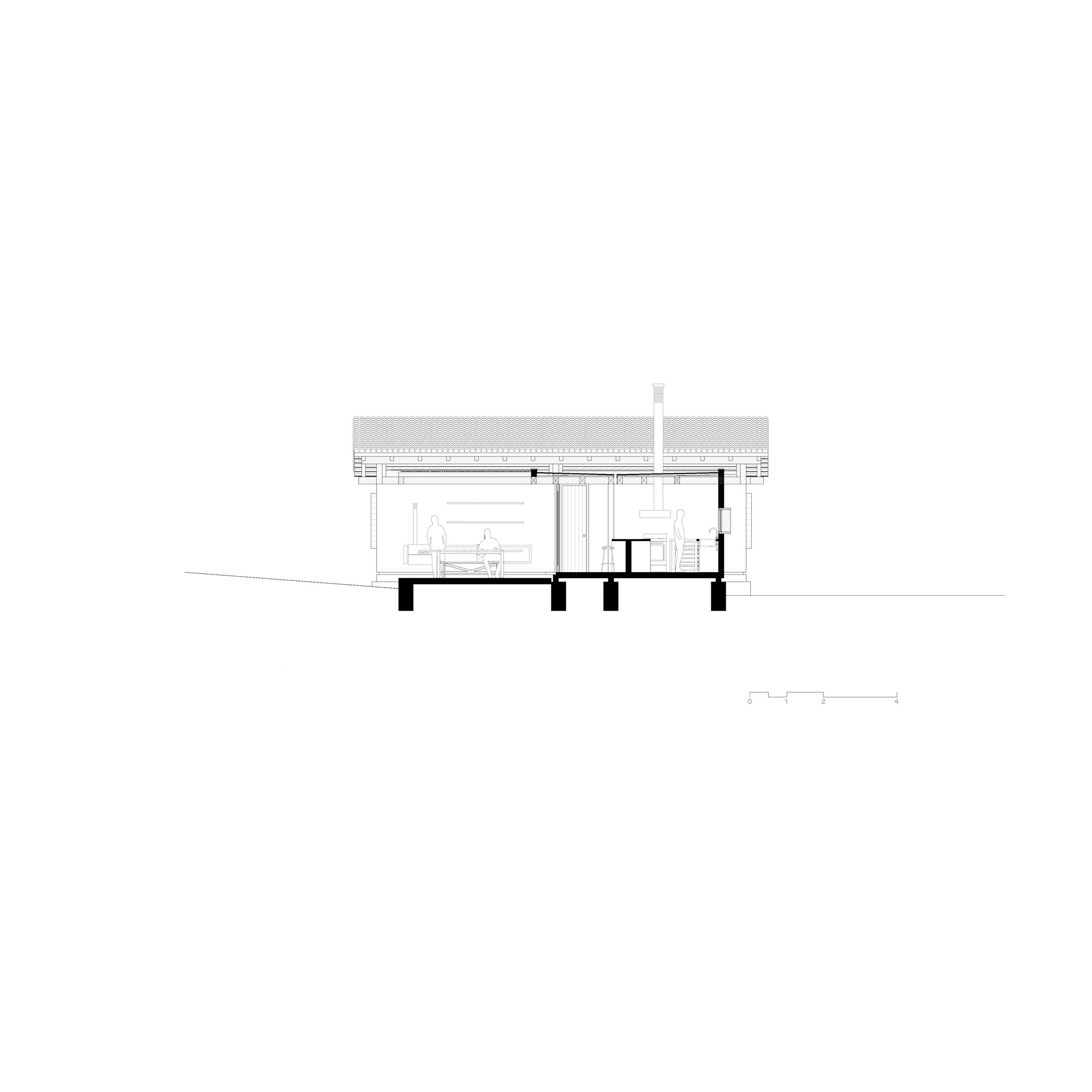 Section drawing showing interior spaces with exposed timber roof structure and concrete column foundations