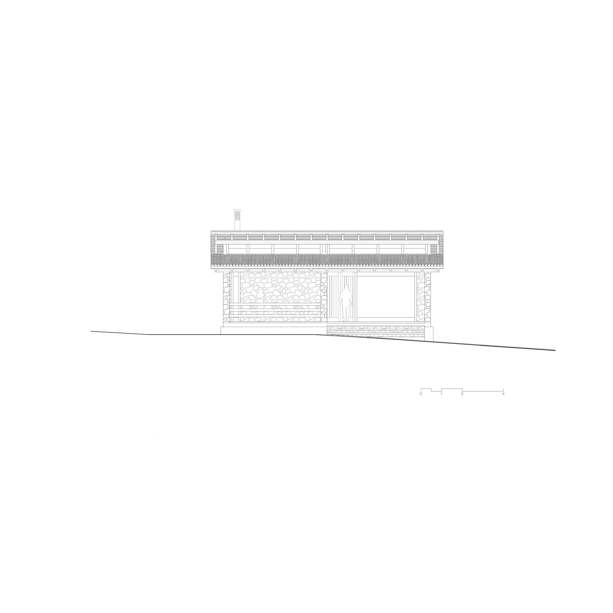 Elevation drawing depicting stone-clad wall panel and horizontal slatted roof overhang on sloping terrain