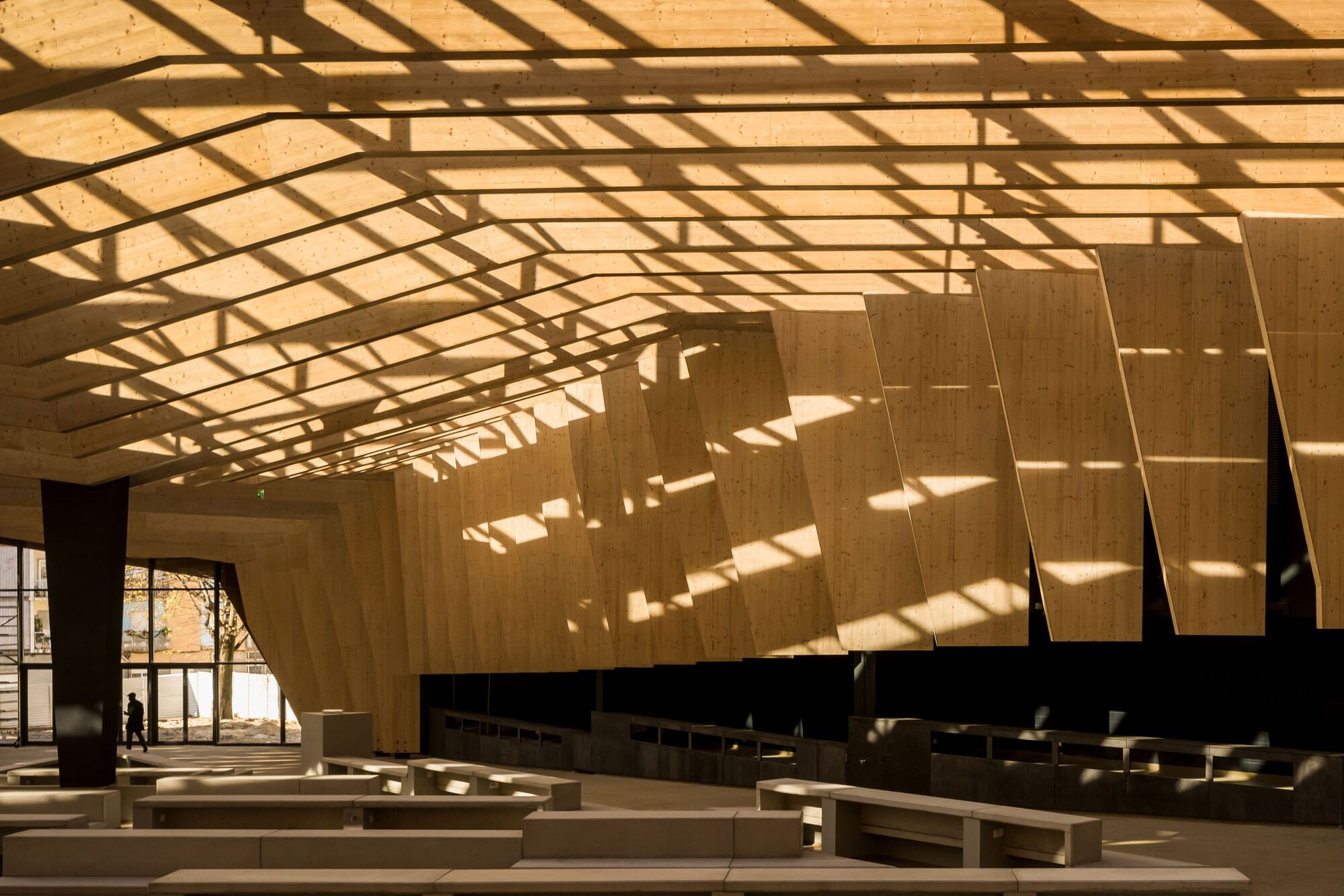 Interior showing timber acoustic wall panels with diagonal shadow patterns cast from glazed roof structure