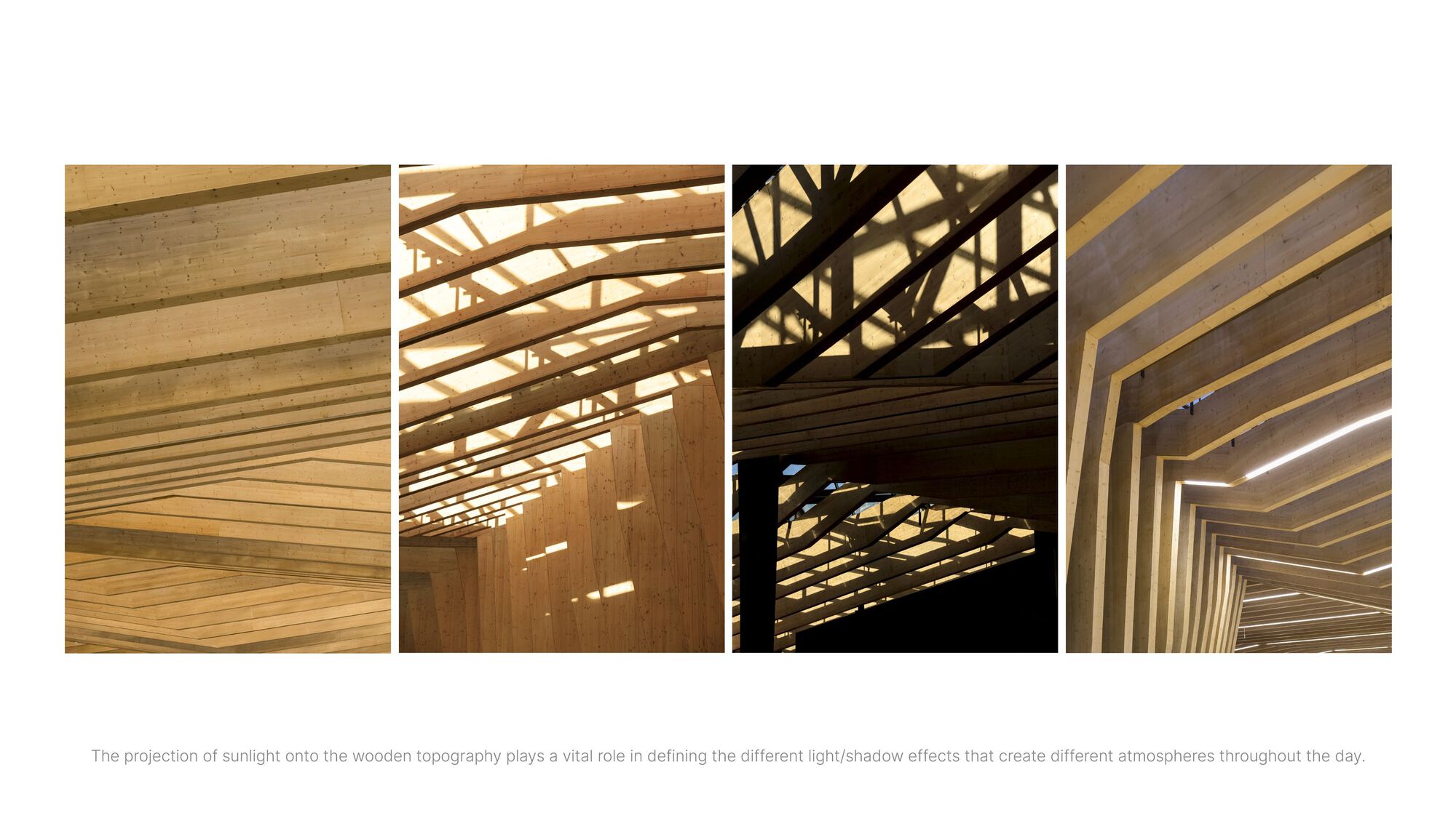 Series of timber slatted ceiling details showing varying patterns of light filtering through wooden beams