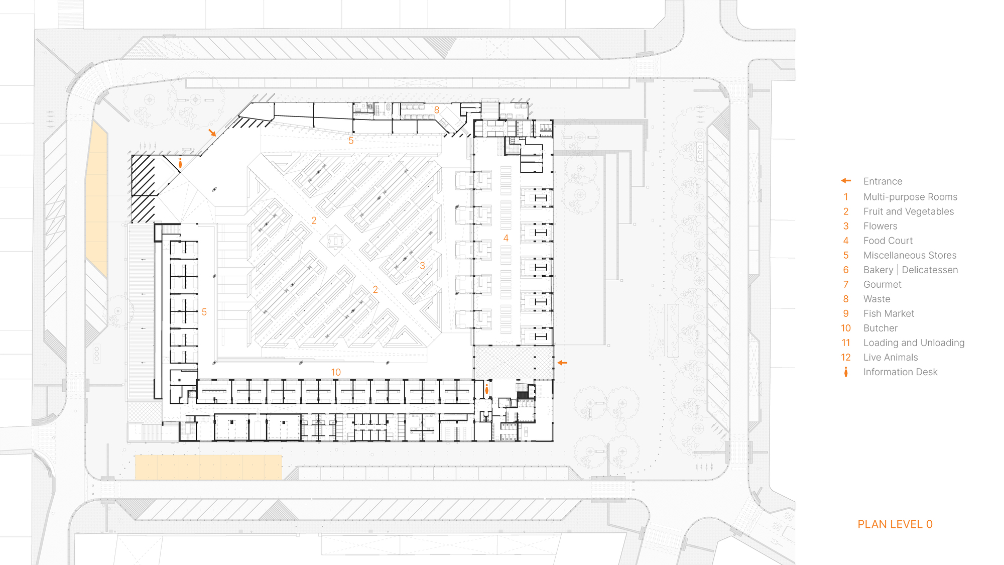 Ground floor plan drawing showing the main market hall with diagonal circulation axes