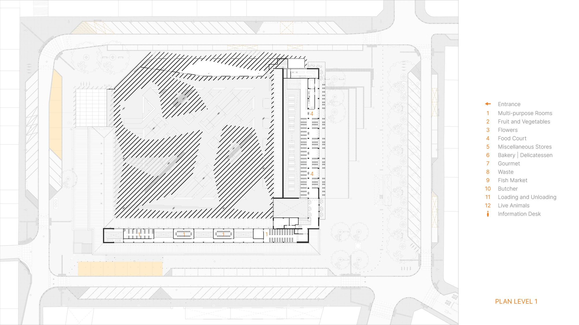 First level floor plan showing hatched courtyards and a linear bar of programmed rooms
