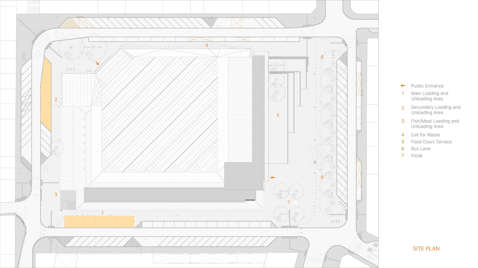 Site plan drawing showing the building footprint within its urban block and adjacent landscape