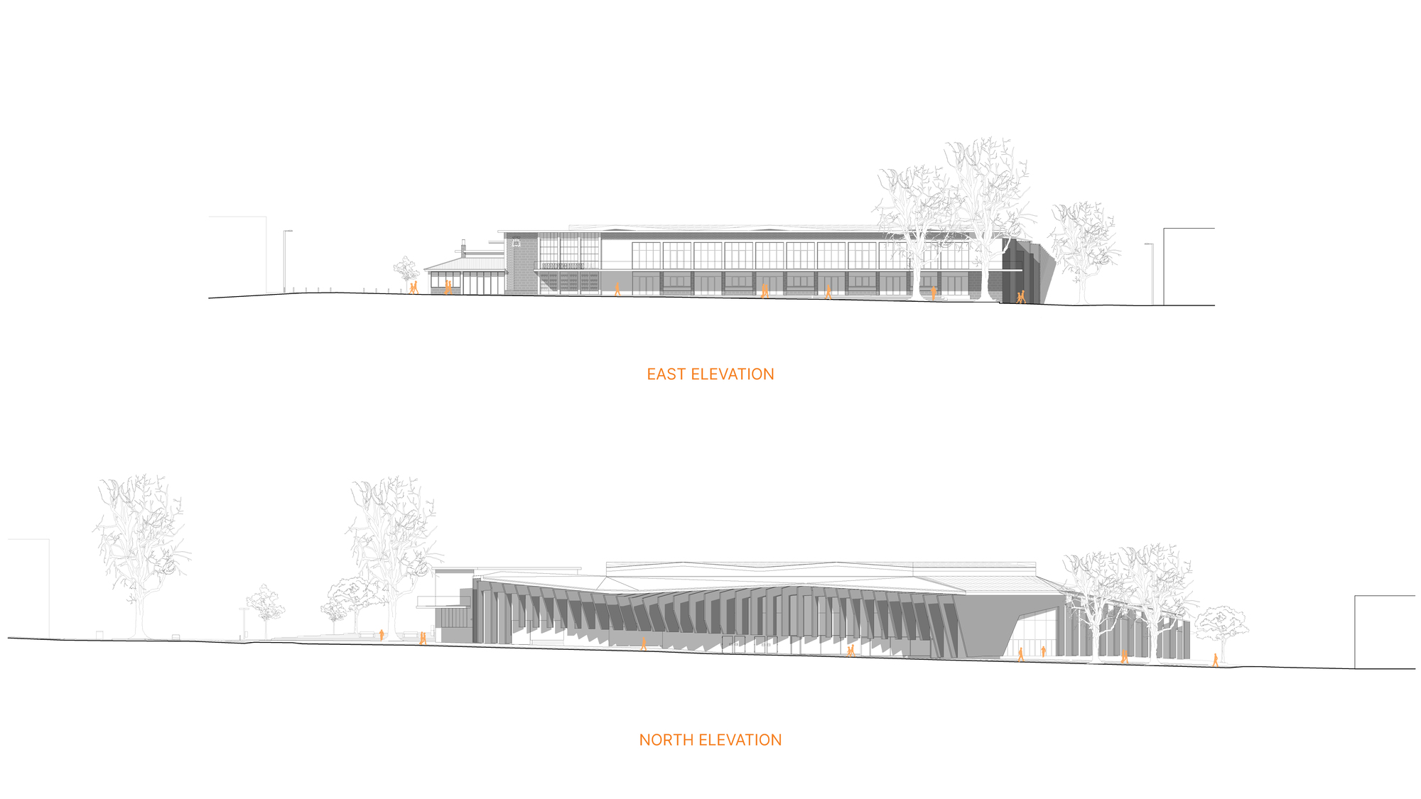 East and north elevation drawings showing the low horizontal profile with surrounding trees