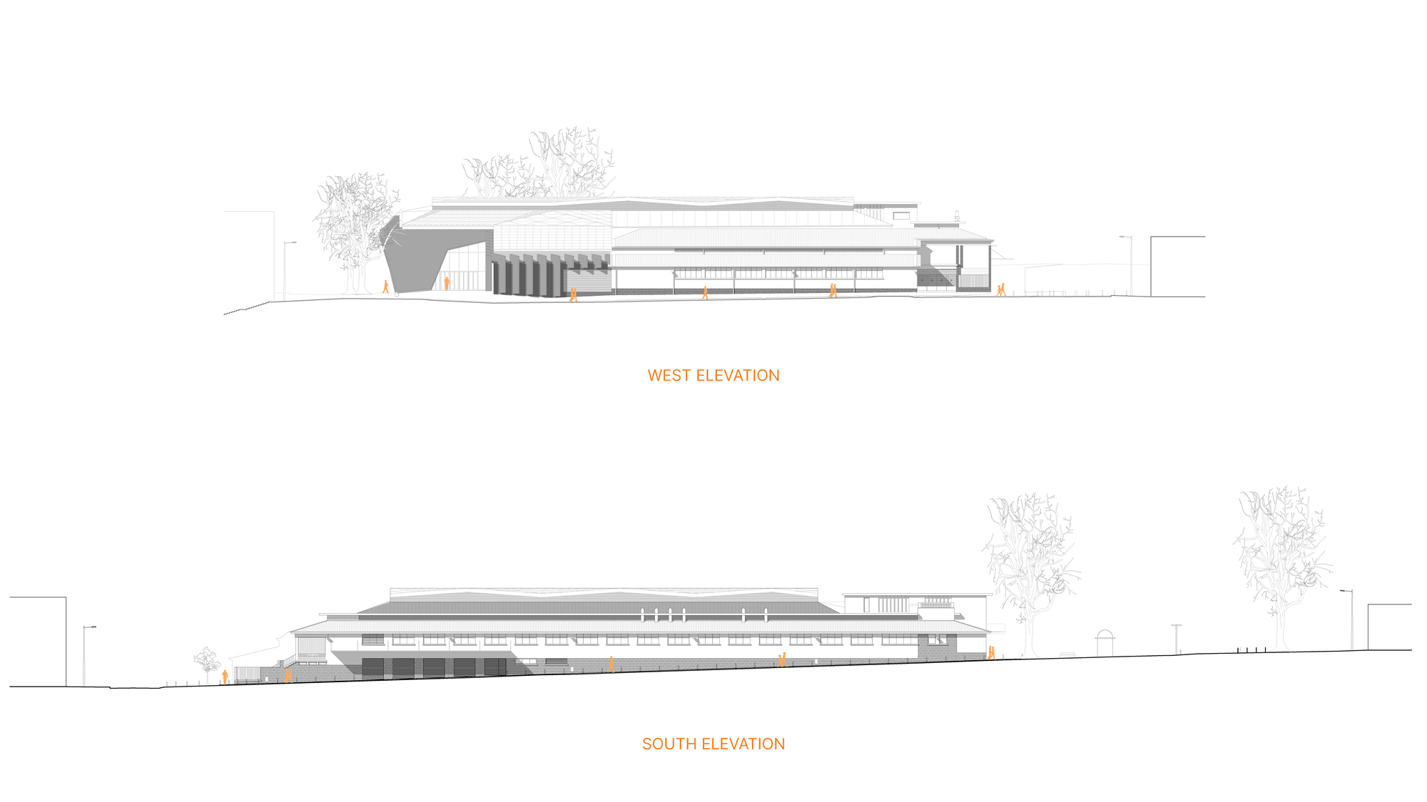 West and south elevation drawings depicting the layered massing with stepped roof forms