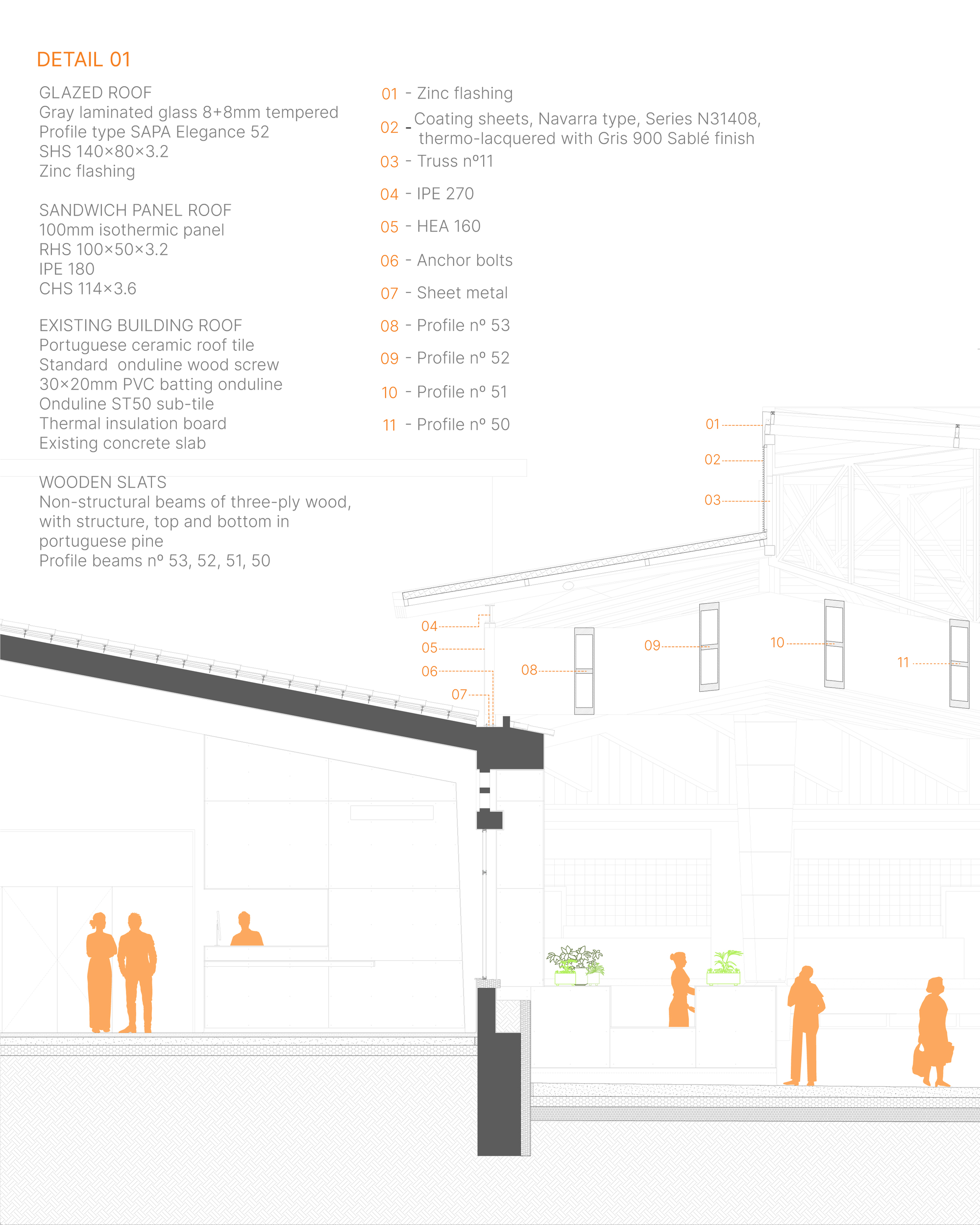 Section drawing showing roof assembly details with wooden slat ceiling and orange silhouetted figures below