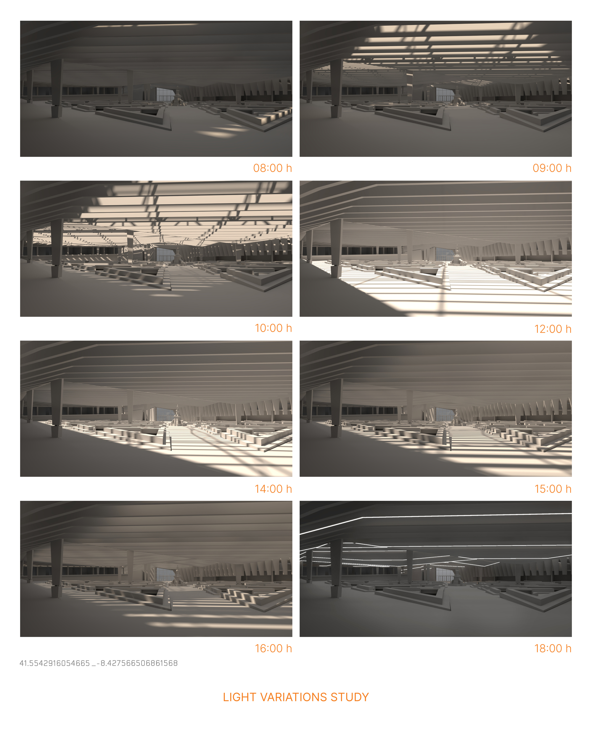 Light study rendering showing interior hall conditions from early morning through evening hours