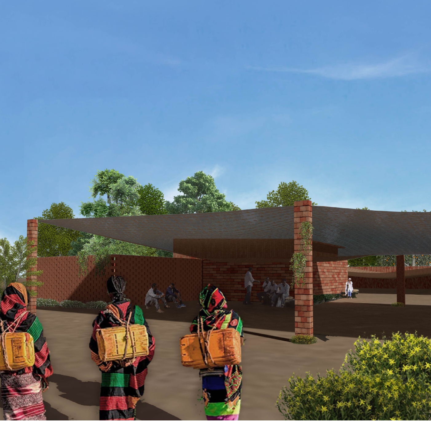 Visitors approach the chapel through shaded brick pergolas that merge worship, forest protection, and community gathering.