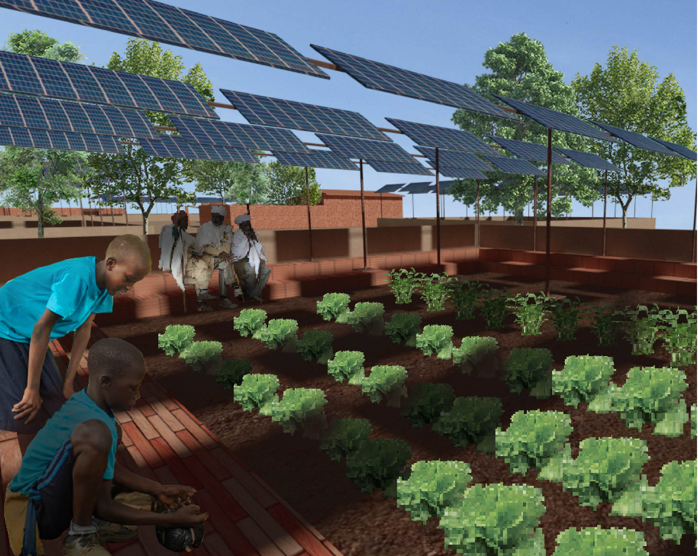 Solar-panel pergolas shelter planting beds, combining renewable energy, food cultivation, and public resting spaces.