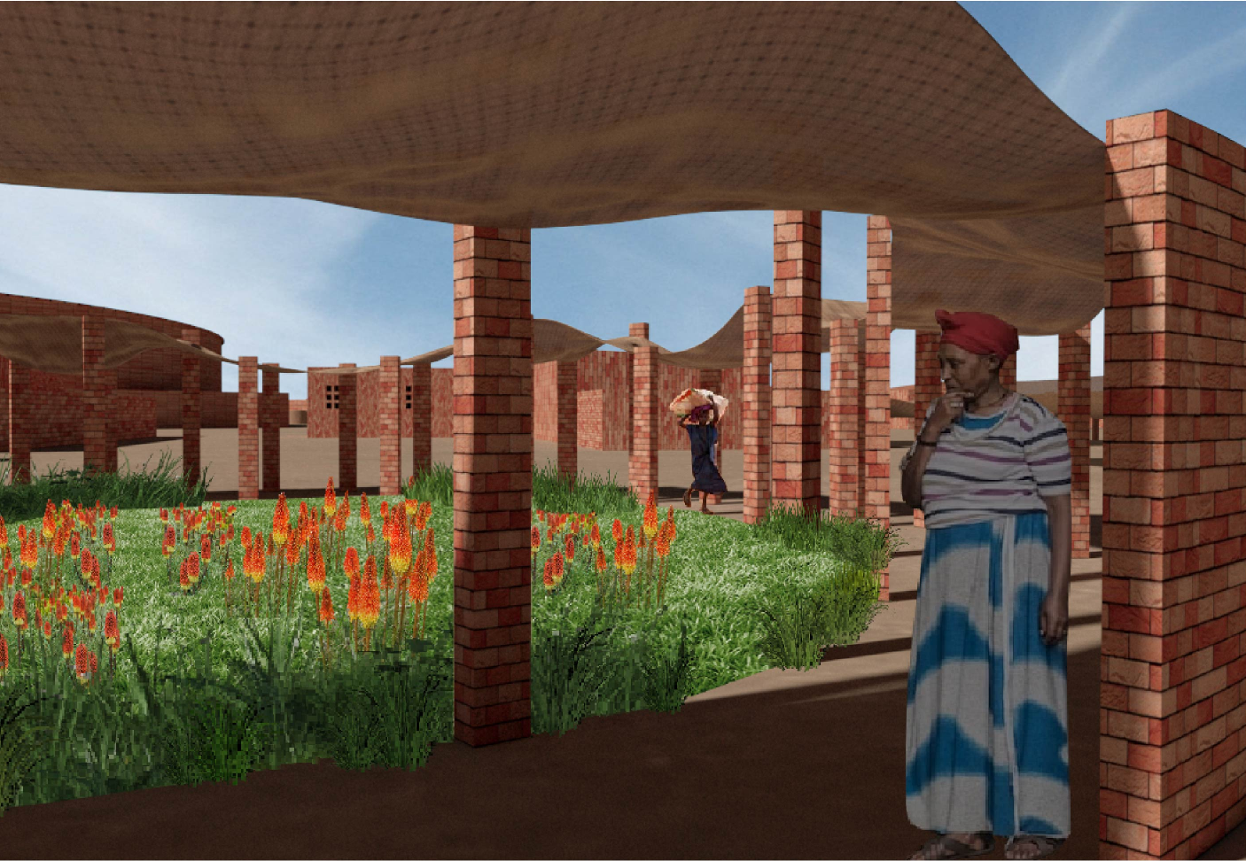 Brick columns and soft canopy structures create shaded garden paths for rest, movement, and ecological growth.